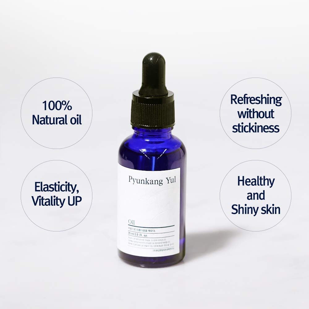 Pyunkang Yul Olie met tekstballonnen: 100% natuurlijke olie, Elasticiteit, Vitaliteit UP, Verfrissend zonder plakkerigheid, Gezonde en glanzende huid.