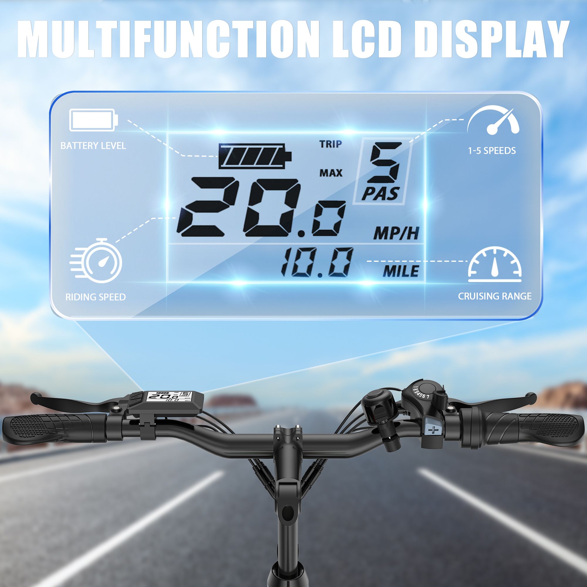 Écran LCD multifonctionnel. Affiche: niveau de batterie, vitesse, TRIP, MAX, PAS, MPH, MILE.