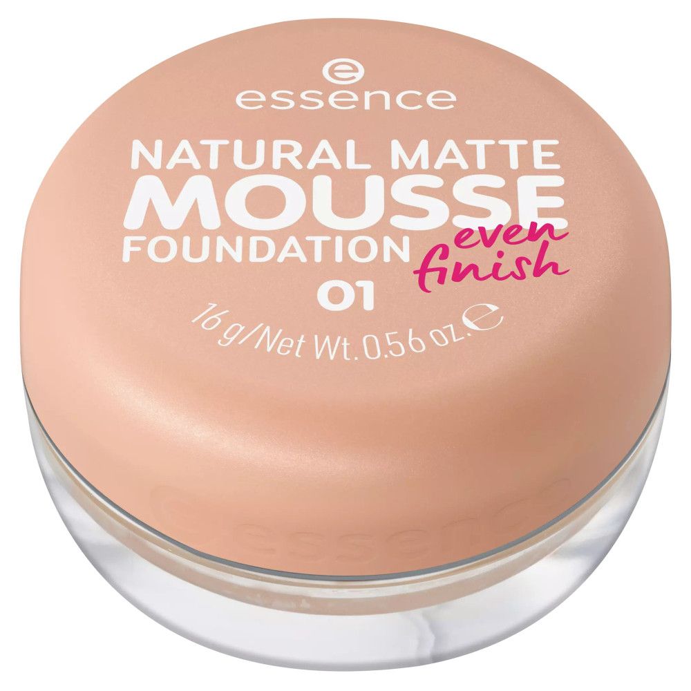 Ronde, roze pot met foundation. Op de deksel staat "Essence Natural Matte Mousse Foundation" en kleurnummer 01.