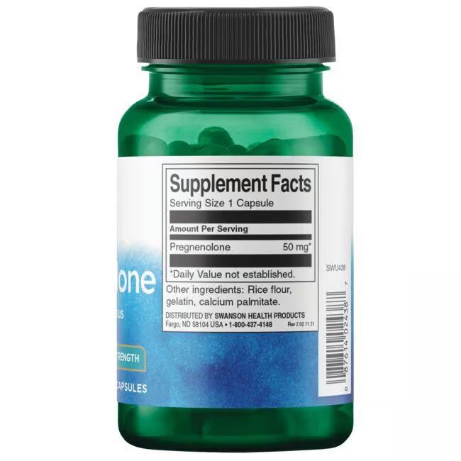 Dos du flacon vert Swanson Pregnenolone 50 mg. Étiquette avec informations nutritionnelles et ingrédients.