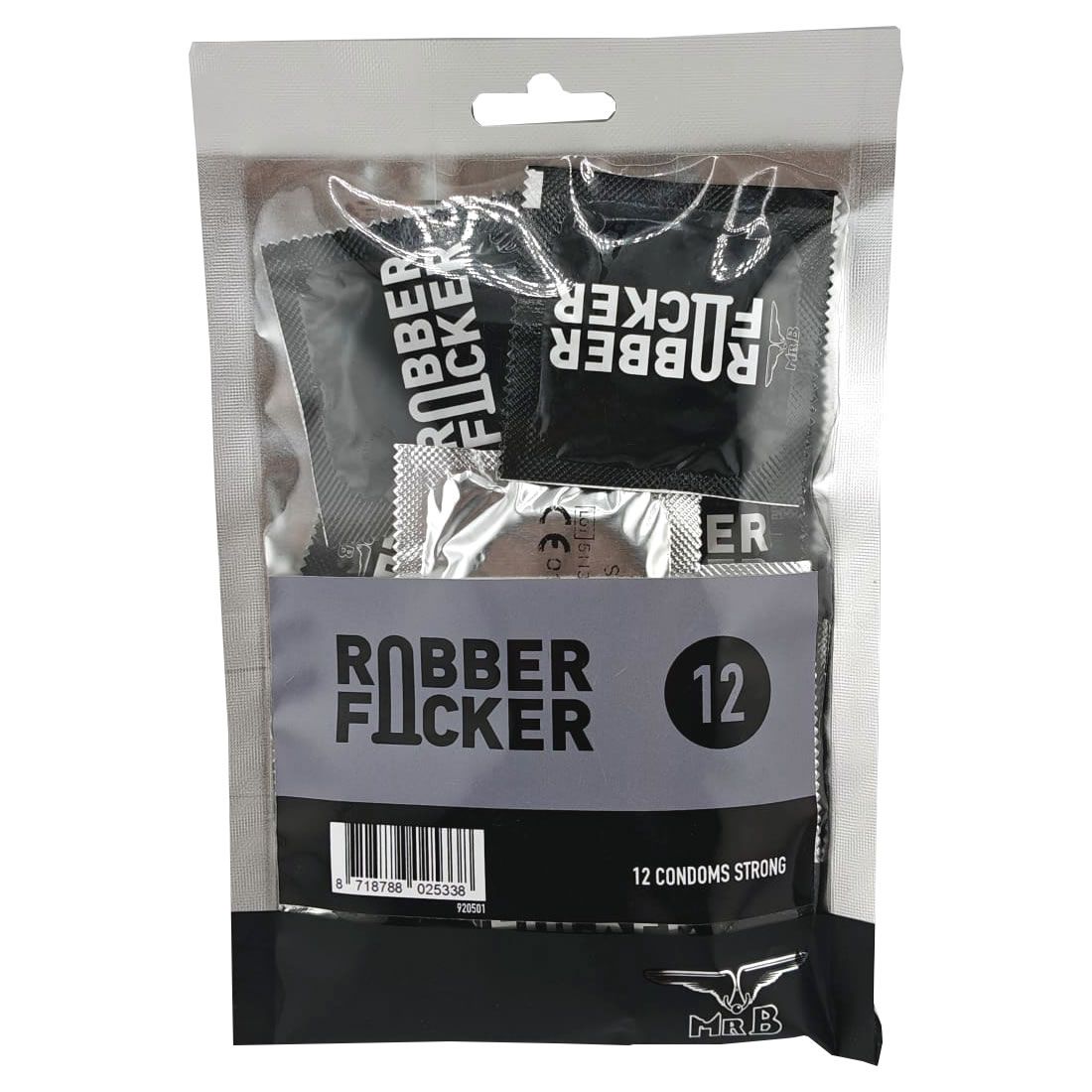 Verpakking met 12 Mister B condooms, model Rubber Focker.