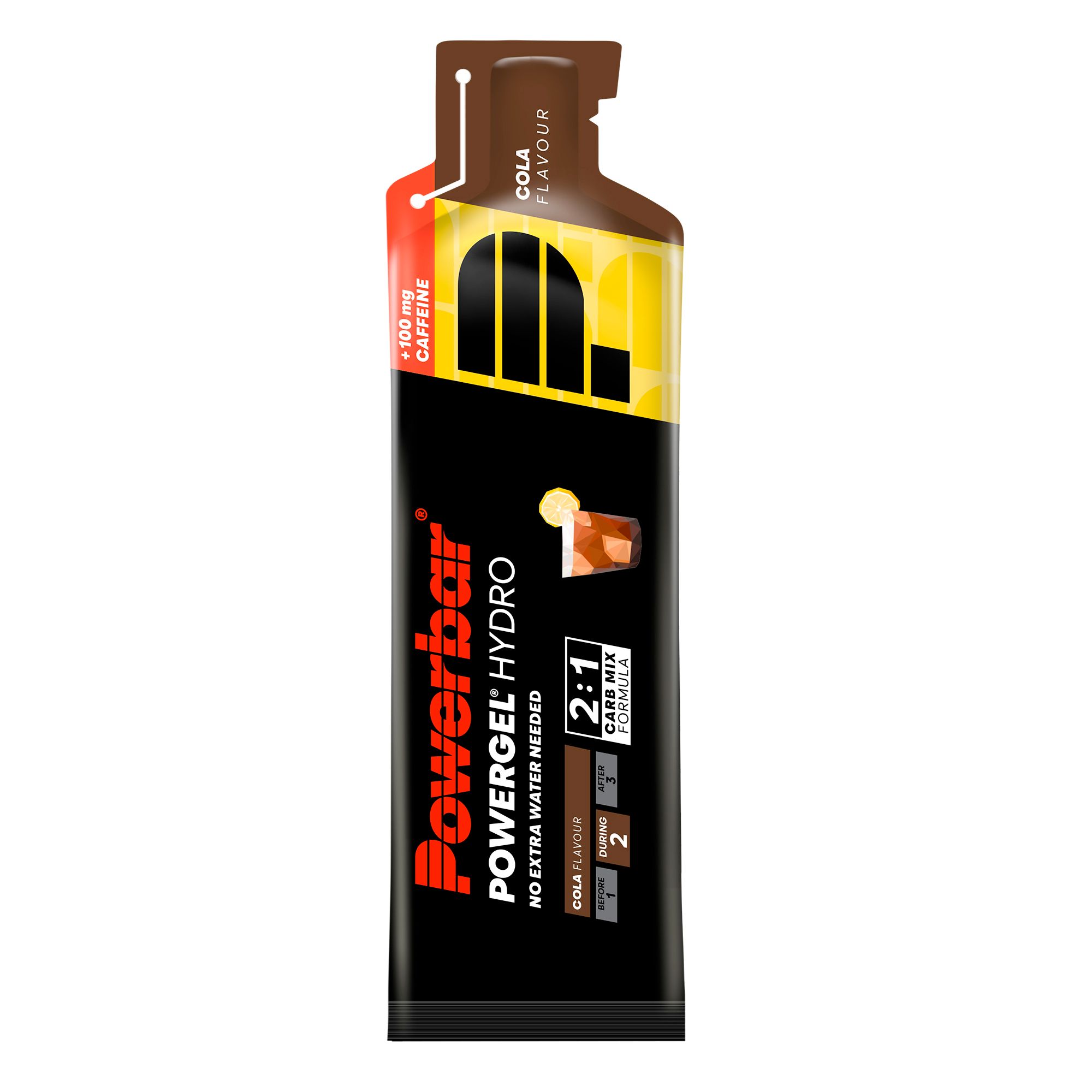 PowerBar PowerGel Hydro Cola, bruine gelverpakking met gele accenten. Bevat cafeïne. Opschriften: 2:1 Carb Mix Formula.