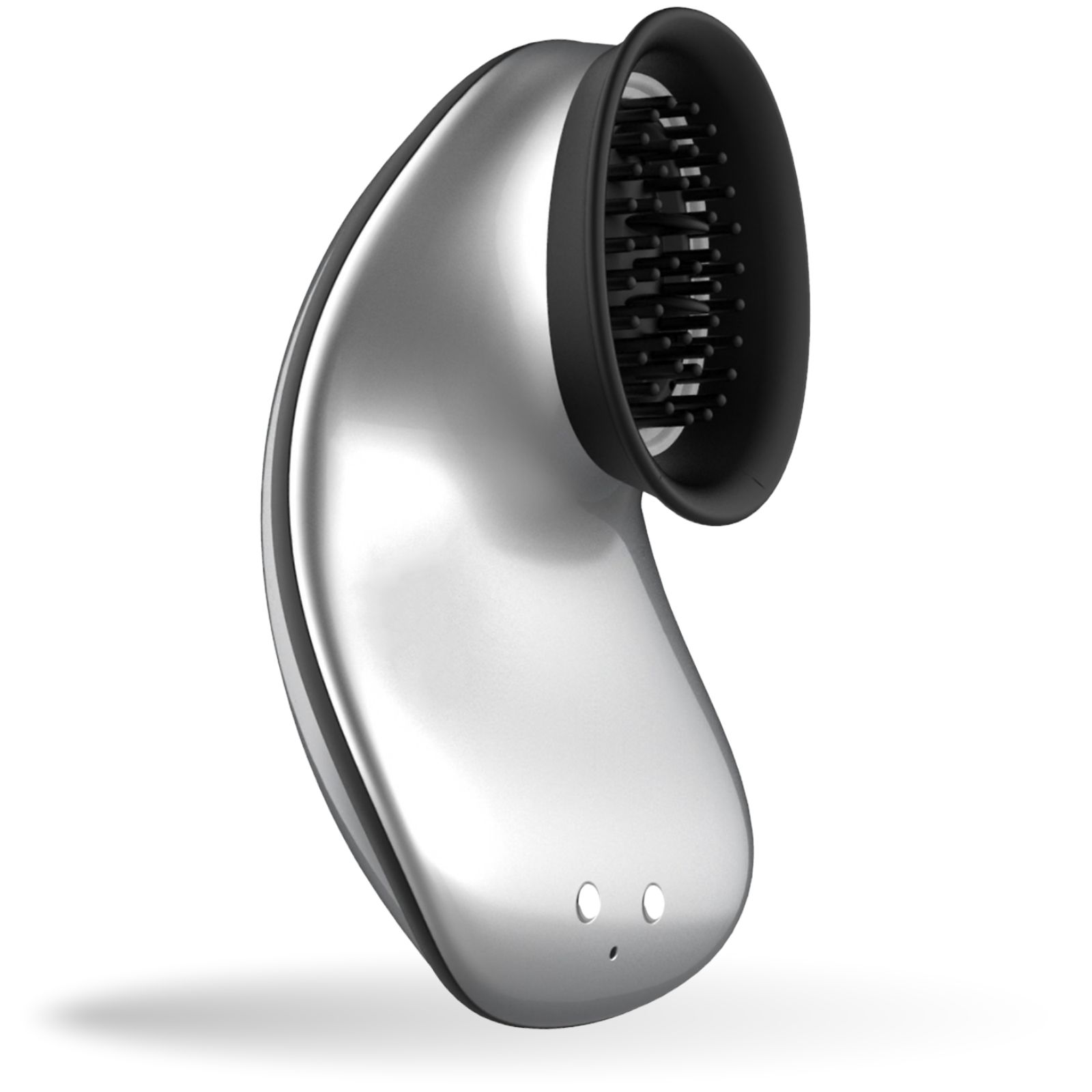 Vibrateur argenté avec embout noir. Deux boutons. Forme de goutte.