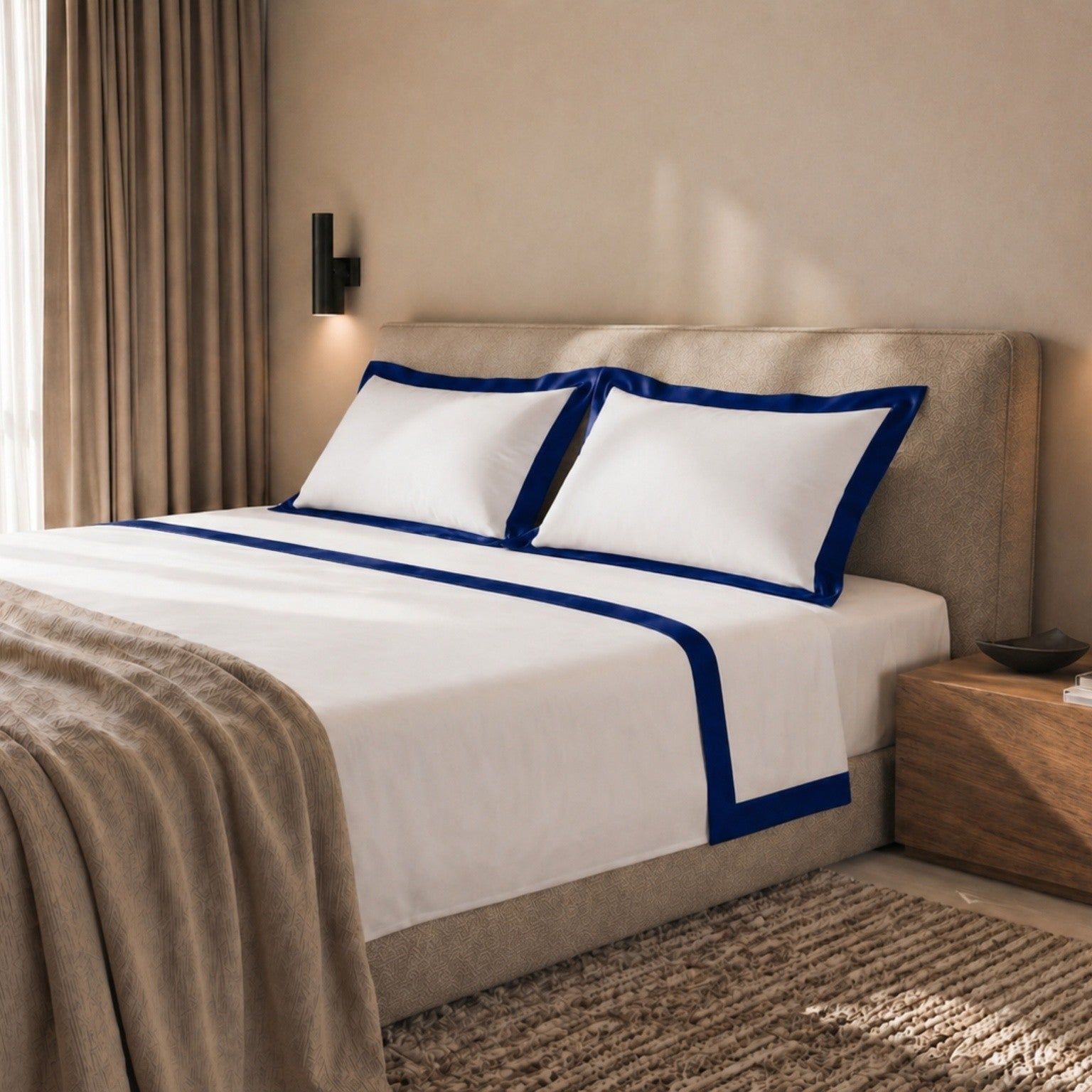 The White Stone Lakenset Eenpersoons 100% Katoen met Decoratieve Satijnen Rand Blauw