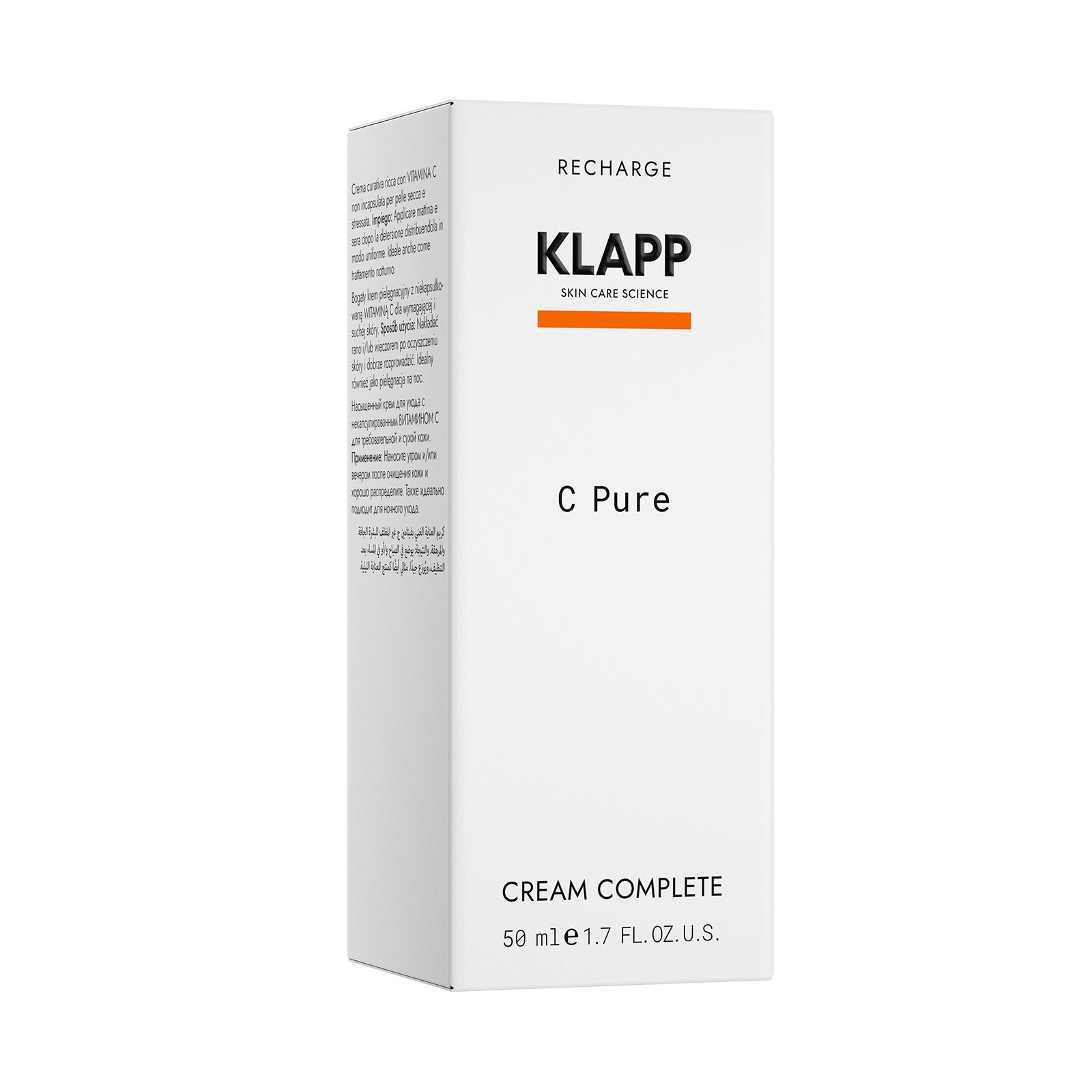 Witte verpakking voor C Pure Cream Complete. Opschriften: KLAPP, C Pure, Cream Complete, 50 ml. Tekst op de verpakking.