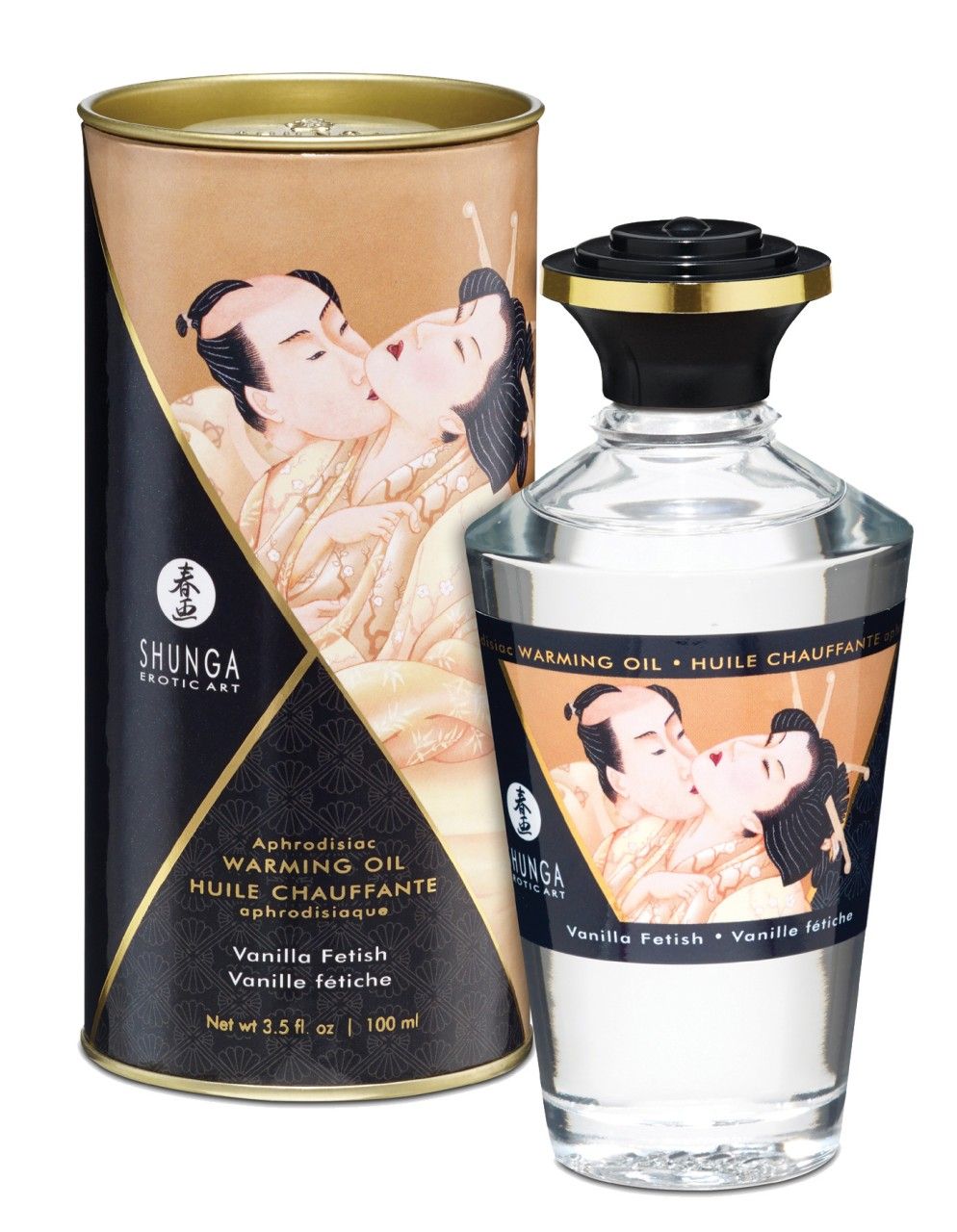 Glazen fles en cilindrische verpakking. Illustratie van een kussend paar. Tekst: Shunga, Warming Oil, Vanilla Fetish.