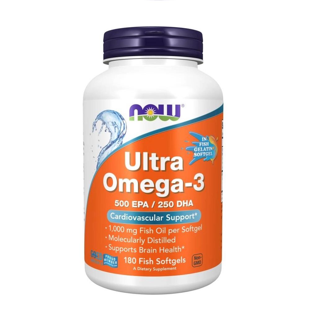 NOW Ultra Omega-3 fles met 180 vis-softgels. Bevat 500 mg EPA en 250 mg DHA per softgel.