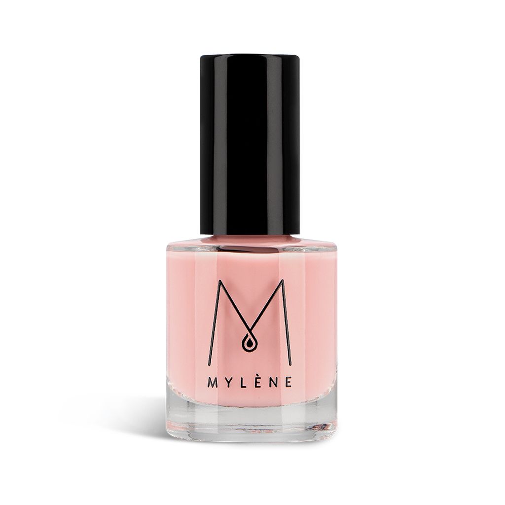 Nagellakflesje met zwarte dop en transparante fles. Opschrift 'M' en 'Mylène'. Roze tint.