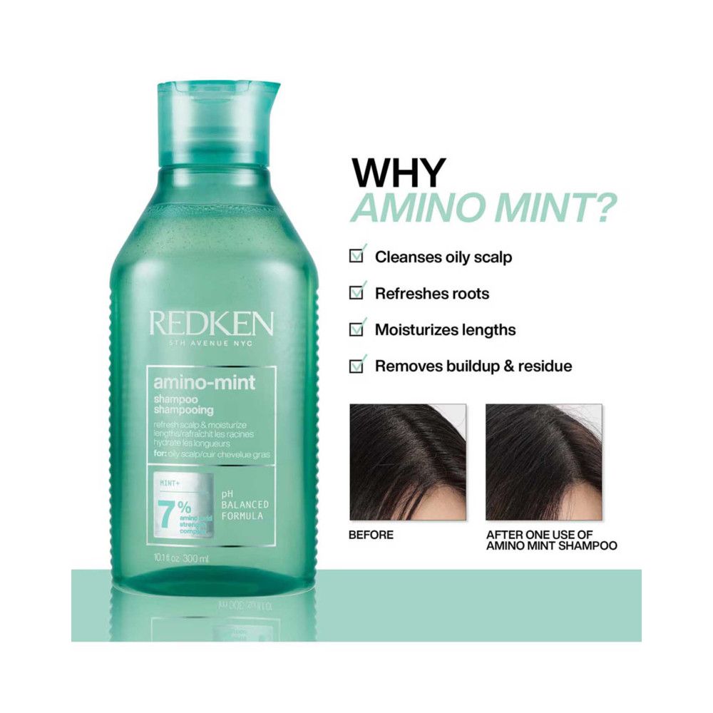 Groene Redken Amino Mint shampoo fles. Tekst: Reinigt vette hoofdhuid, verfrist wortels, hydrateert, verwijdert ophoping.