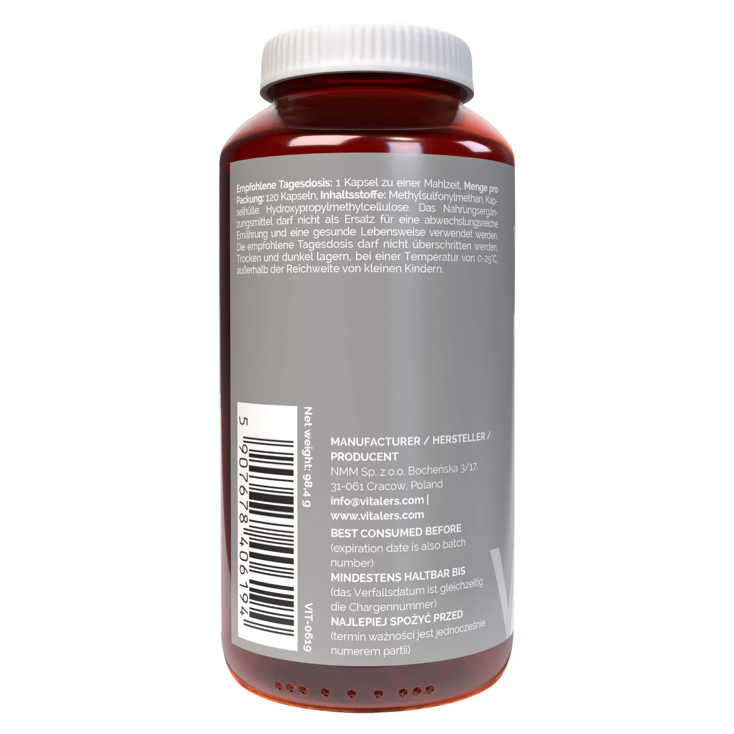 Arrière d'un flacon de gélules Vitaler's MSM avec étiquette, code-barres et détails du fabricant.