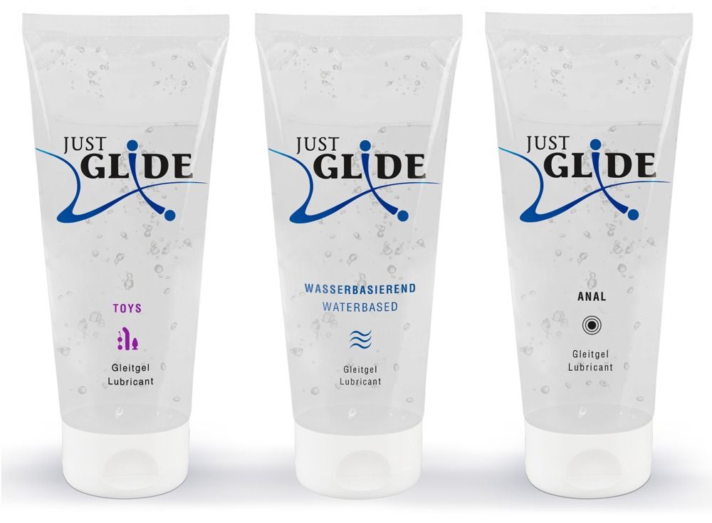 Trois tubes de gel lubrifiant JUST GLIDE : Toys, Waterbased et Anal.
