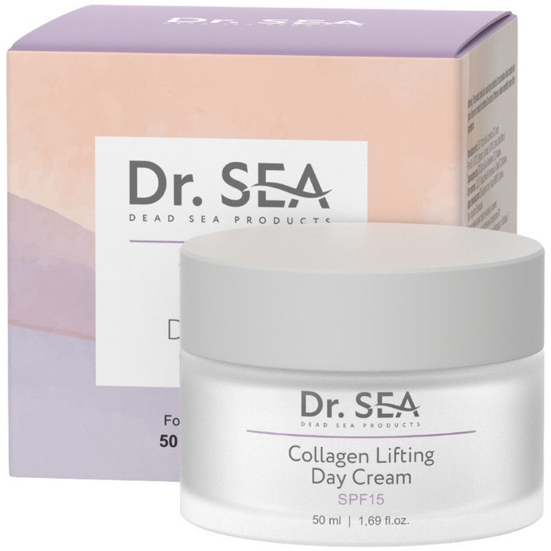 Crèmepot en verpakking. Opschrift: Dr. SEA, Collagen Lifting Day Cream, SPF15, 50 ml.