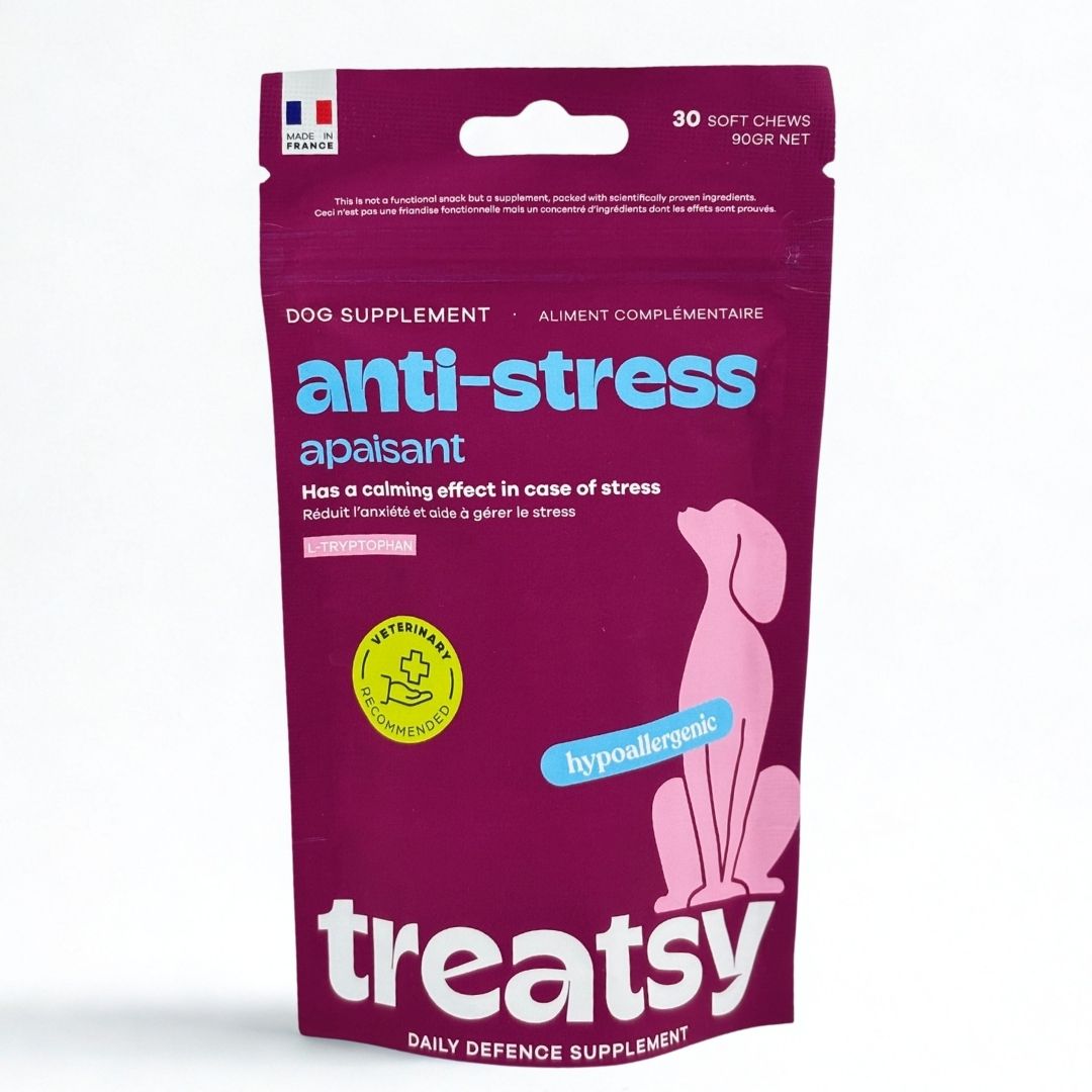 Emballage de complément anti-stress pour chiens. 30 Soft Chews, 90g.