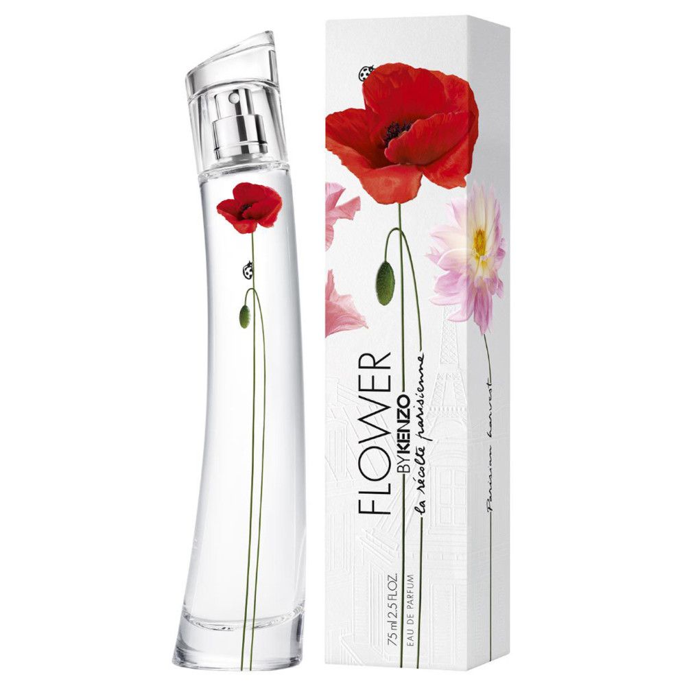 Glazen fles met rode klaproos en verpakking. Opschrift: Flower by Kenzo, Eau de Parfum.