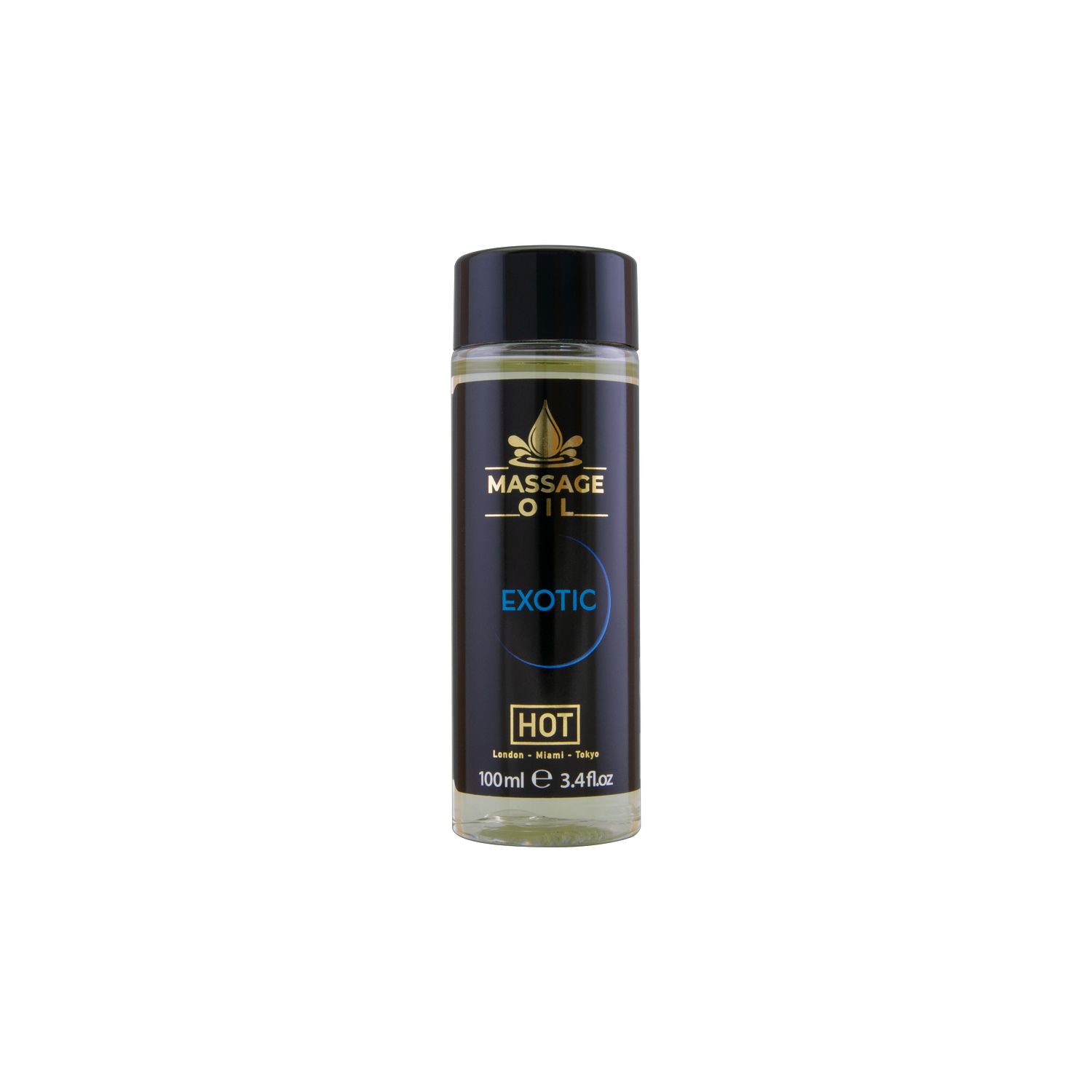 Cilindrische fles met zwarte dop. Etiket met productnaam: MASSAGE OIL Exotic. Tekst: HOT.