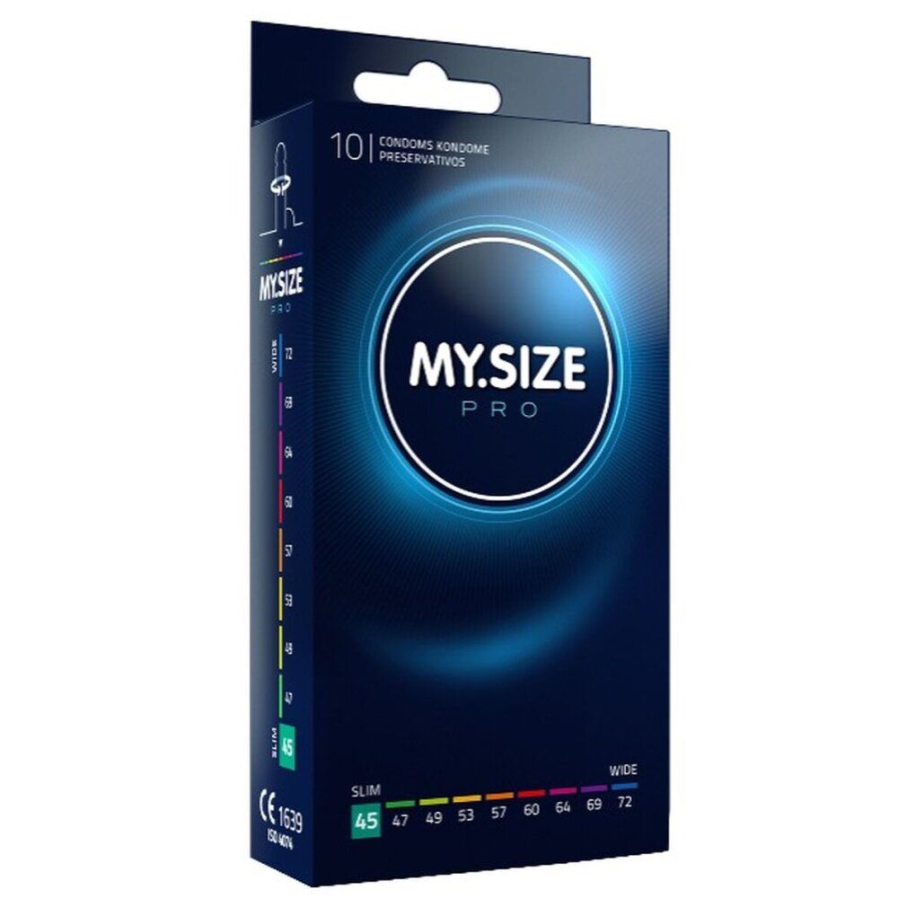 Zwarte doos met "MY.SIZE PRO" logo. Bevat 10 condooms. Maat 45mm. CE 1639.