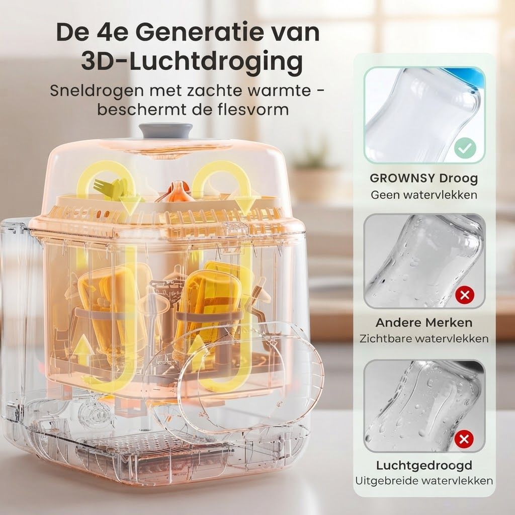 Babyflessensterilisator en droger met 3D-luchtdroging en zachte warmte.