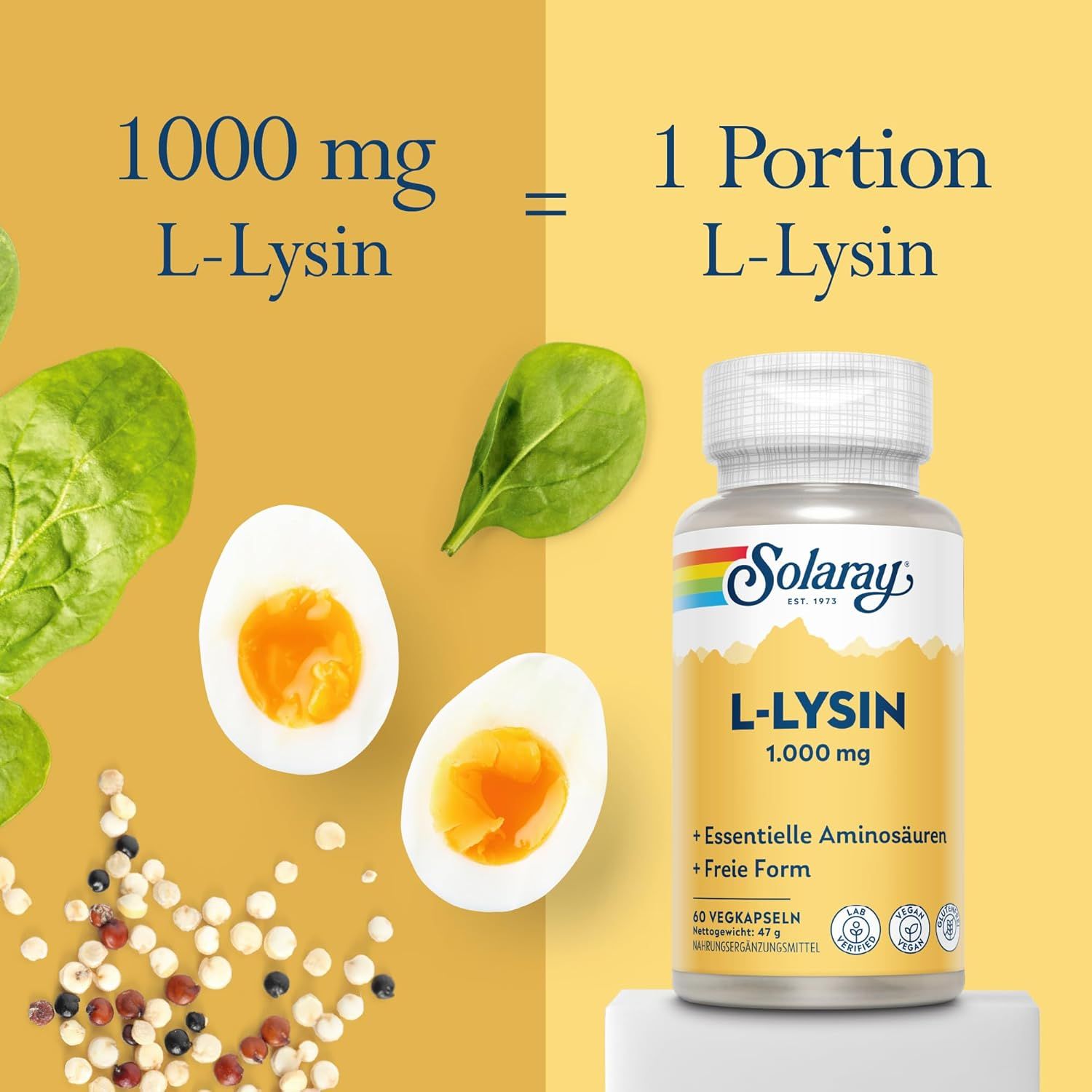 Comparaison : 1000 mg de L-Lysine équivaut à 1 portion. Flacon de gélules Solaray L-Lysine à côté d'œufs durs et d'épinards.