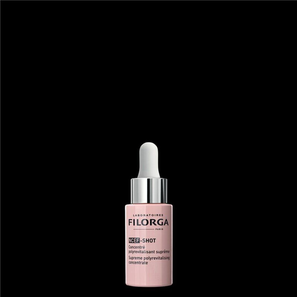 Flacon rose avec compte-gouttes blanc. Inscription: FILORGA PARIS, NCEF-SHOT, Concentré polyrevitalisant suprême.