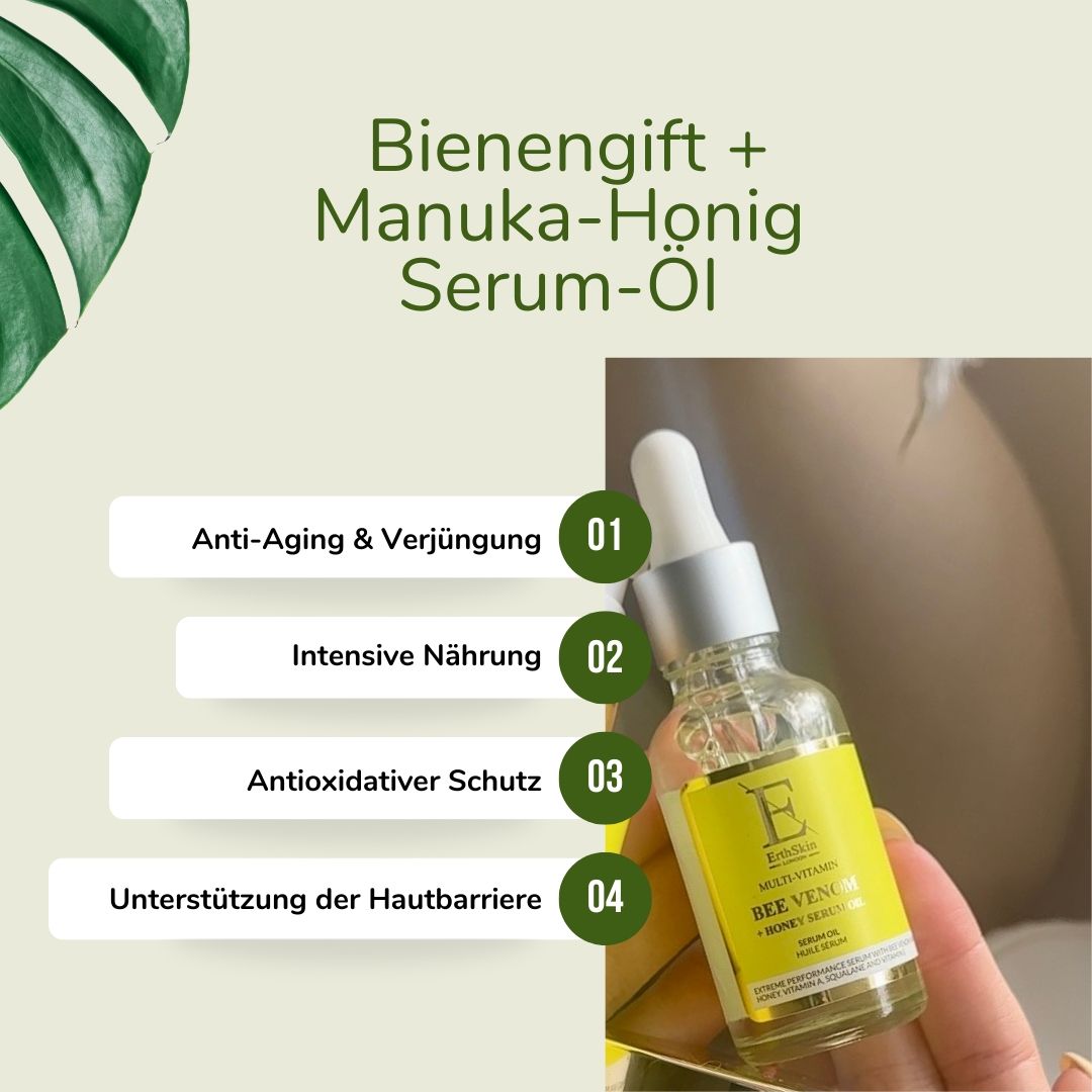 Flacon de produit avec texte : Sérum-huile au venin d'abeille + miel de Manuka. Quatre zones de texte avec des descriptions. Main tenant le flacon.