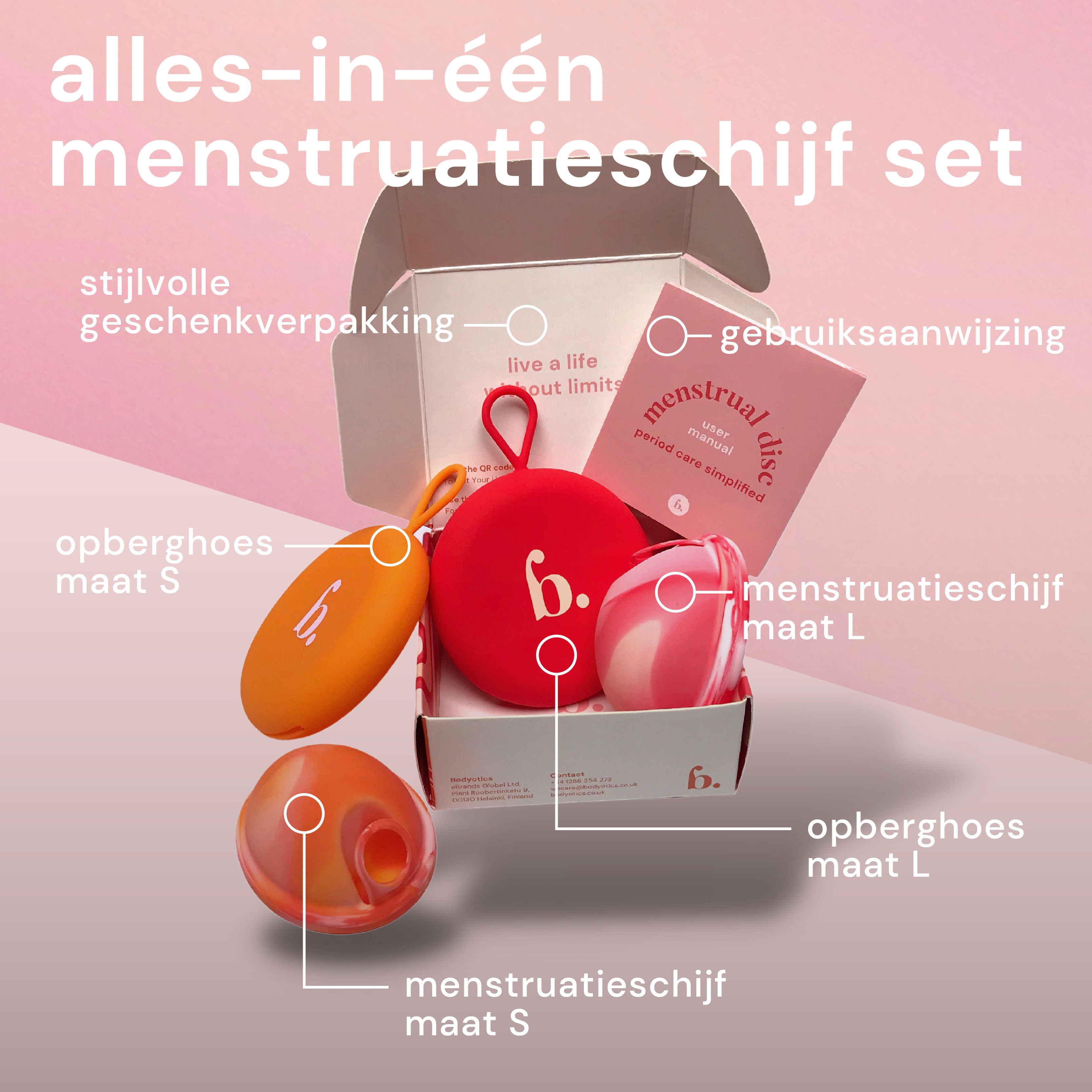 Handen houden zachte, flexibele menstruatieschijven in S en L vast.