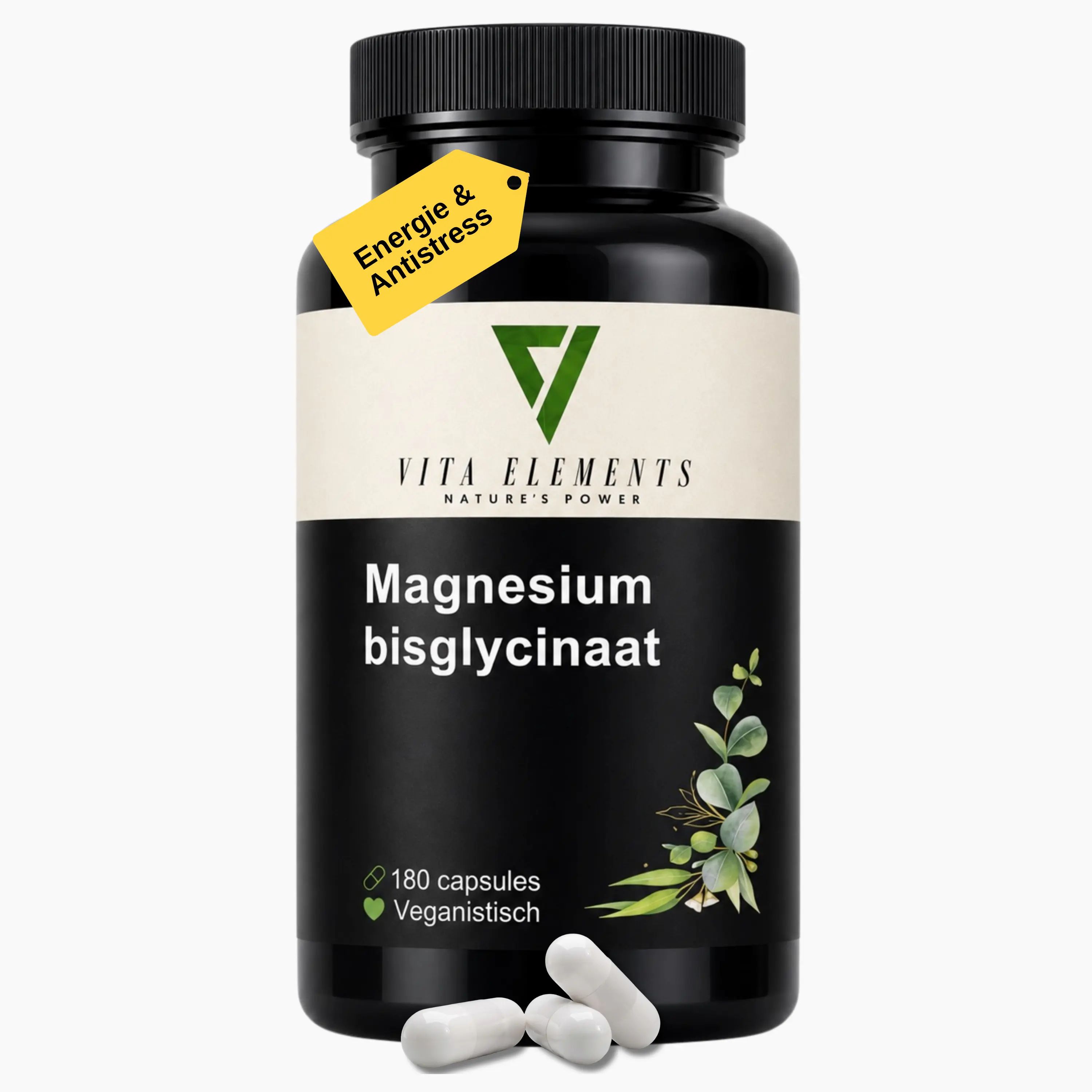 Vita Elements Magnesiumbisglycinaat pot met etiket: 180 capsules, veganistisch, met keurmerk 'Geprüfte Qualität'.