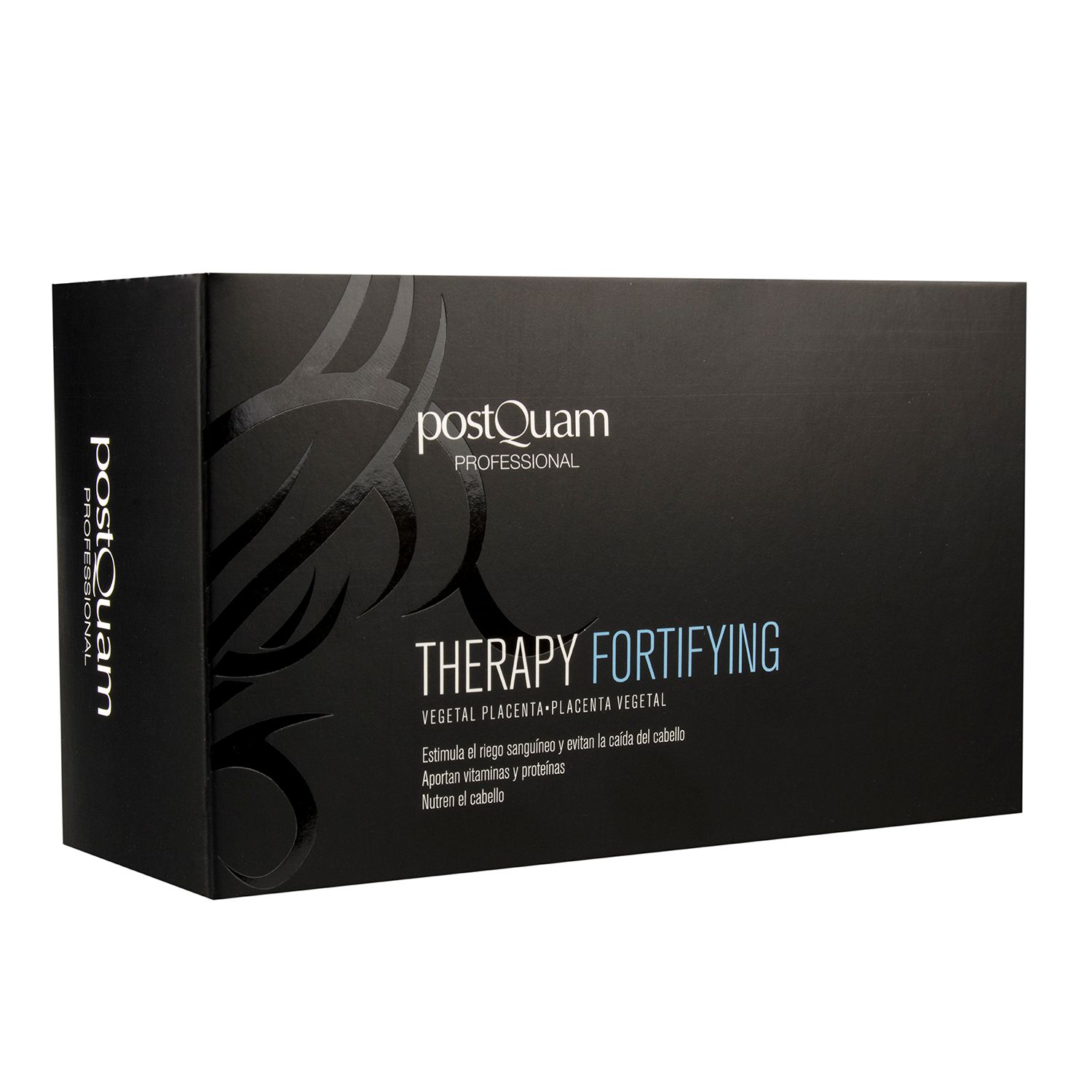 Zwarte productverpakking met wit "postQuam" logo. "THERAPY FORTIFYING" tekst. Plantaire placenta. Zwart design.