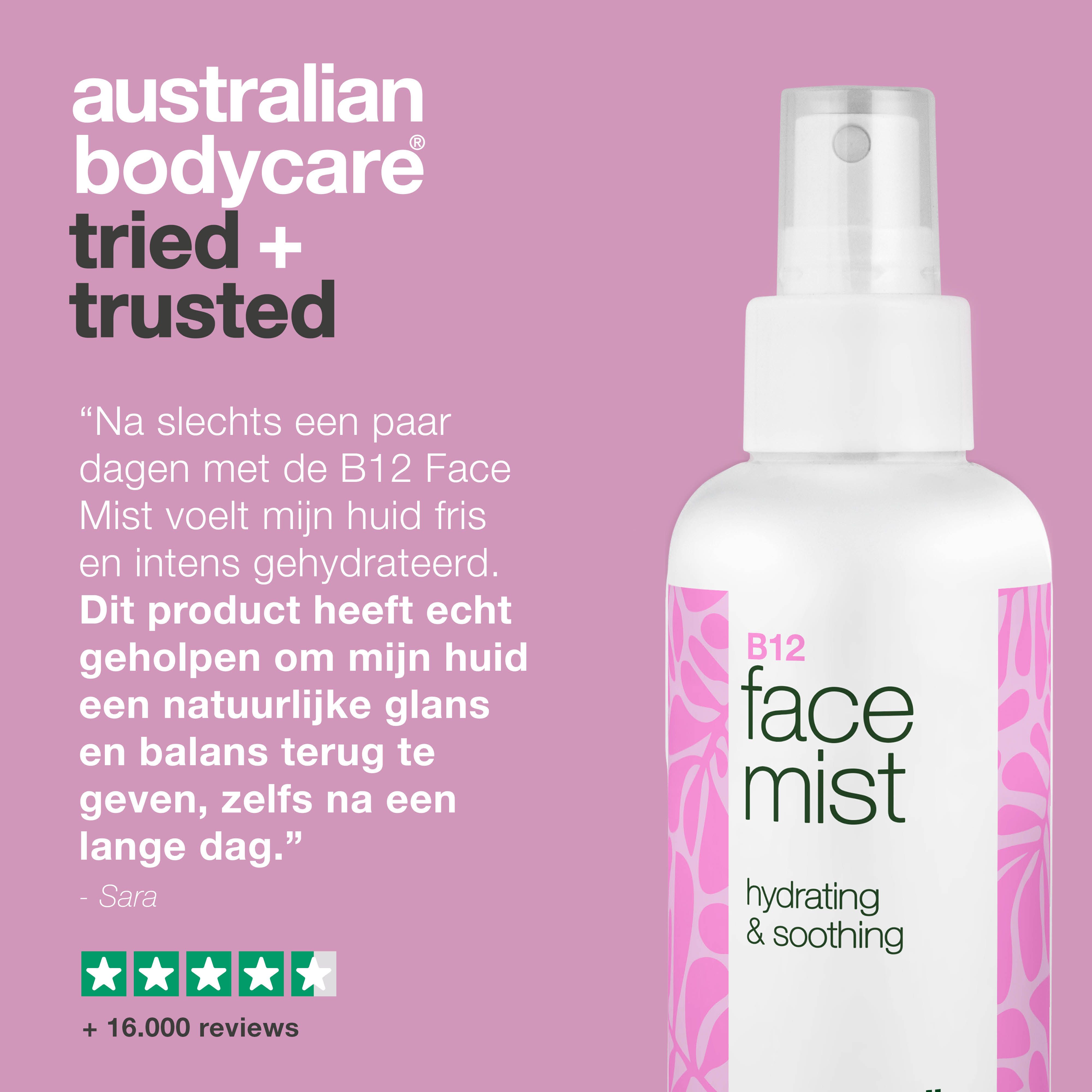 Een fles B12 Face Mist. Tekst: Australian Bodycare tried + trusted. Citaat en 5-sterren beoordeling.