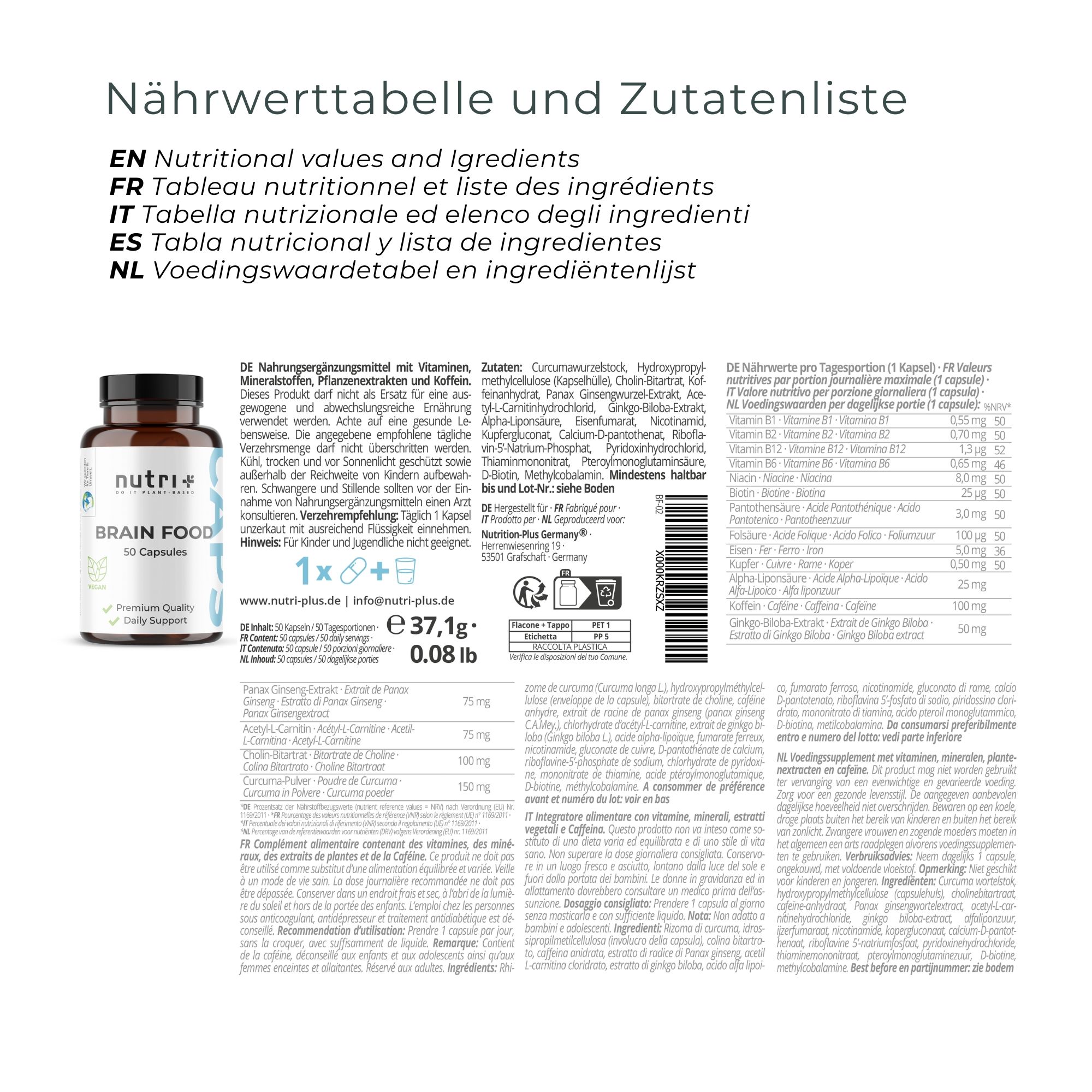Texte avec tableau nutritionnel et liste des ingrédients pour les gélules nutri+ Brainfood. Contient des informations en allemand, anglais, français, italien et néerlandais.