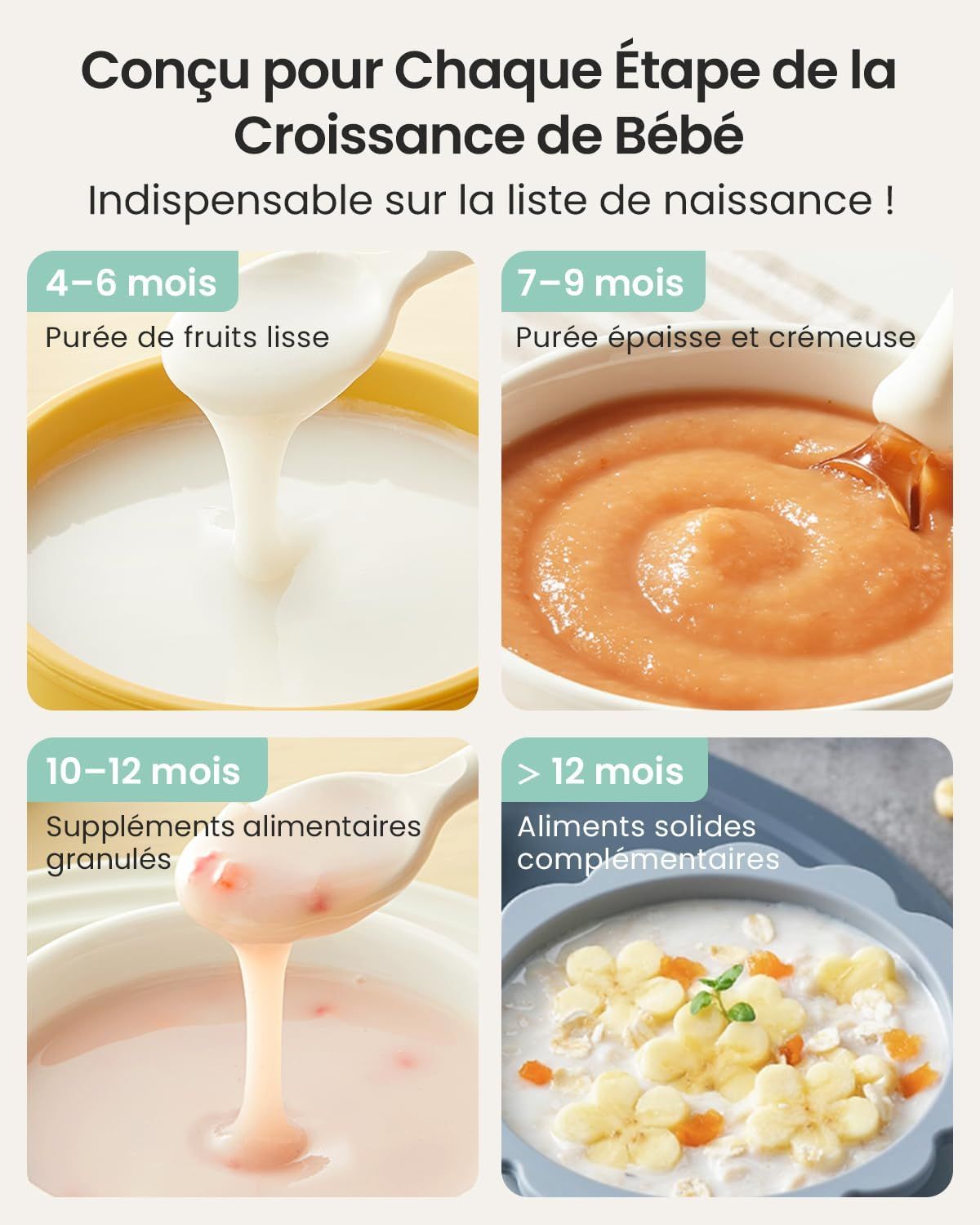 Quatre stades de nourriture pour bébé : purée lisse, purée épaisse, granulés et aliments solides avec fruits.