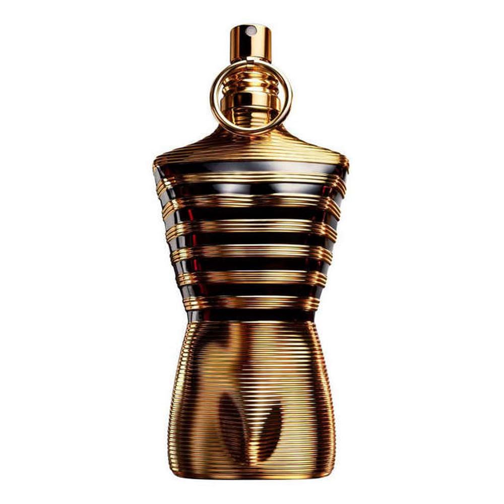 Gouden torso-vormige fles. Zwarte horizontale strepen. Gouden sproeikop met ring.