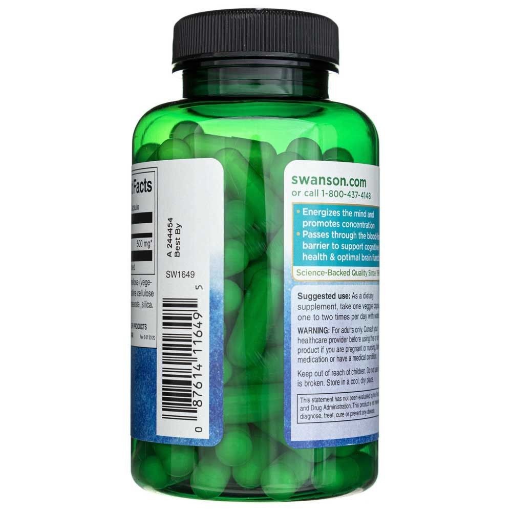 Arrière d'une bouteille de Swanson Acetyl L-Carnitine avec instructions d'utilisation et avertissements.