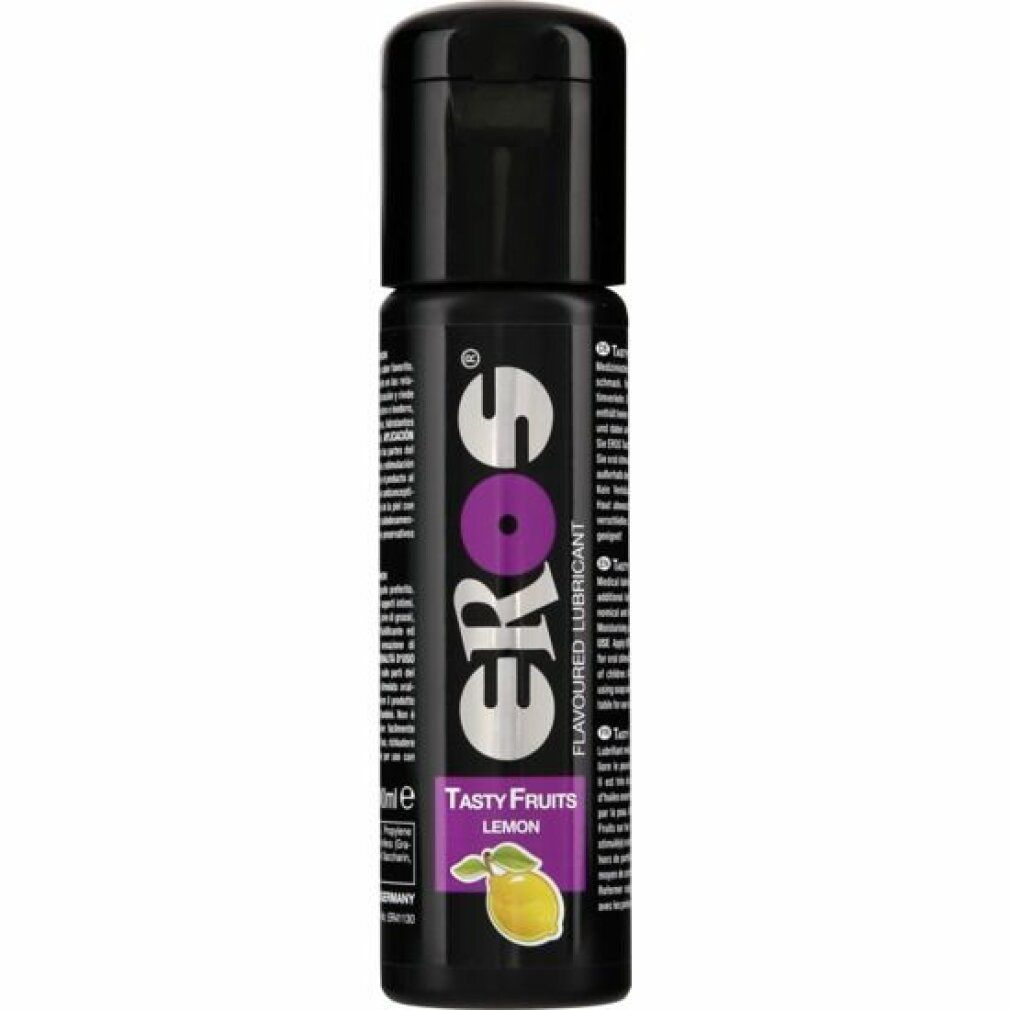 Lubrifiant Eros Tasty Fruits Citron, bouteille noire, bouchon à clapet. Accent violet dans le logo. Illustration de citron en bas.