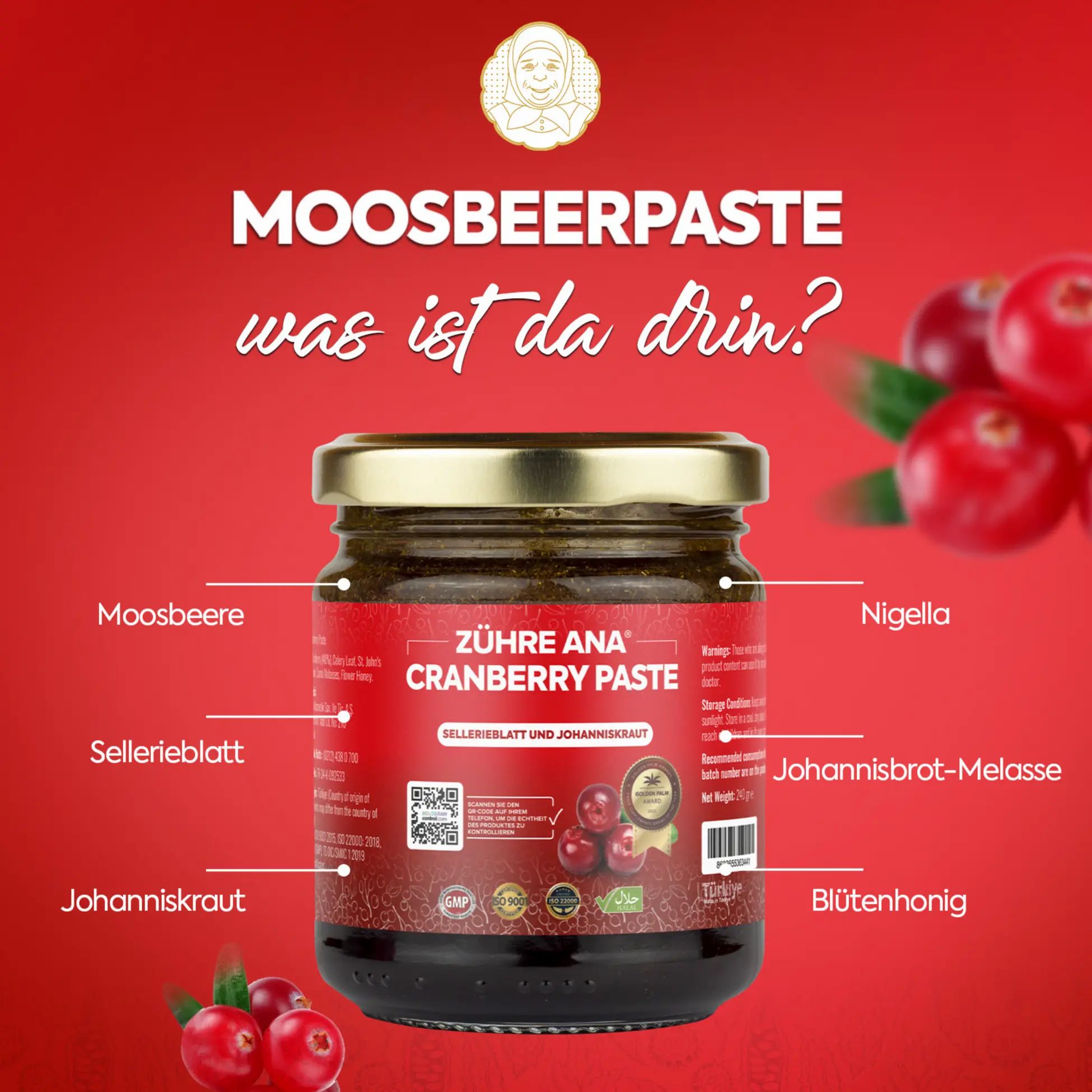 Bocal de pâte de canneberge Zühre Ana avec liste d'ingrédients et canneberges.