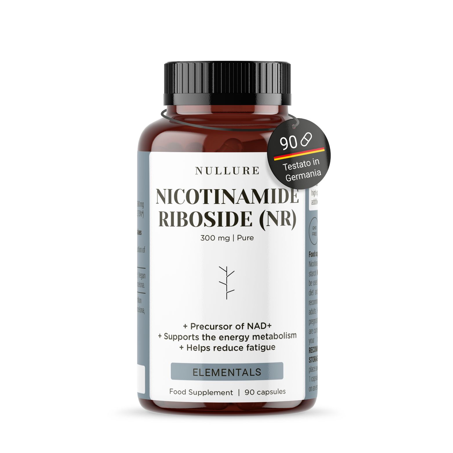 Nullure Nicotinamide Riboside capsules, 90 stuks, met 'Testato in Germania' zegel.