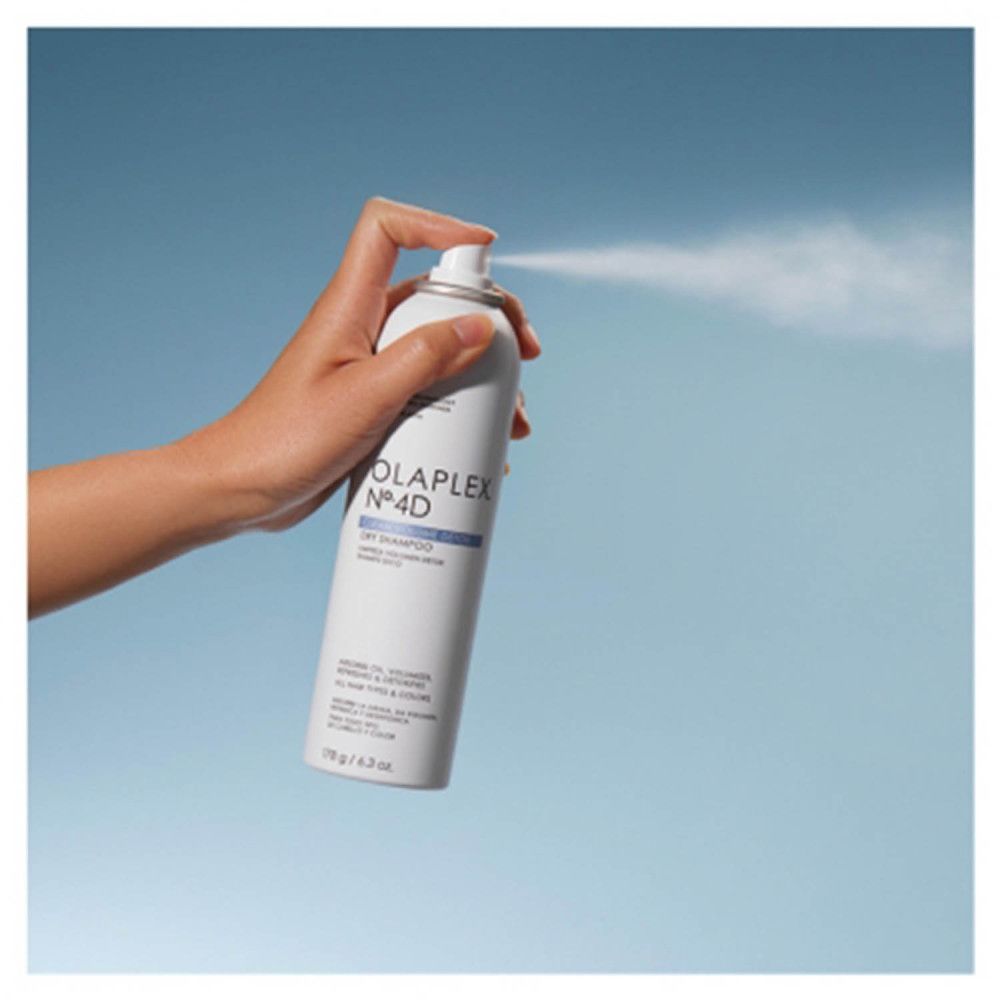 Deux femmes tiennent des flacons de shampooing sec Olaplex Nº4D. Elles sourient. Fond blanc.