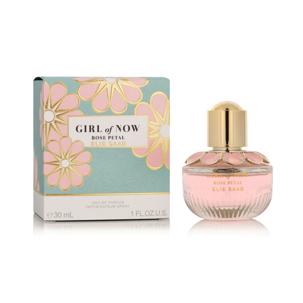 Flacon Elie Saab Girl of Now Rose Petal Eau de Parfum 30ml et sa boîte cadeau à motif floral.