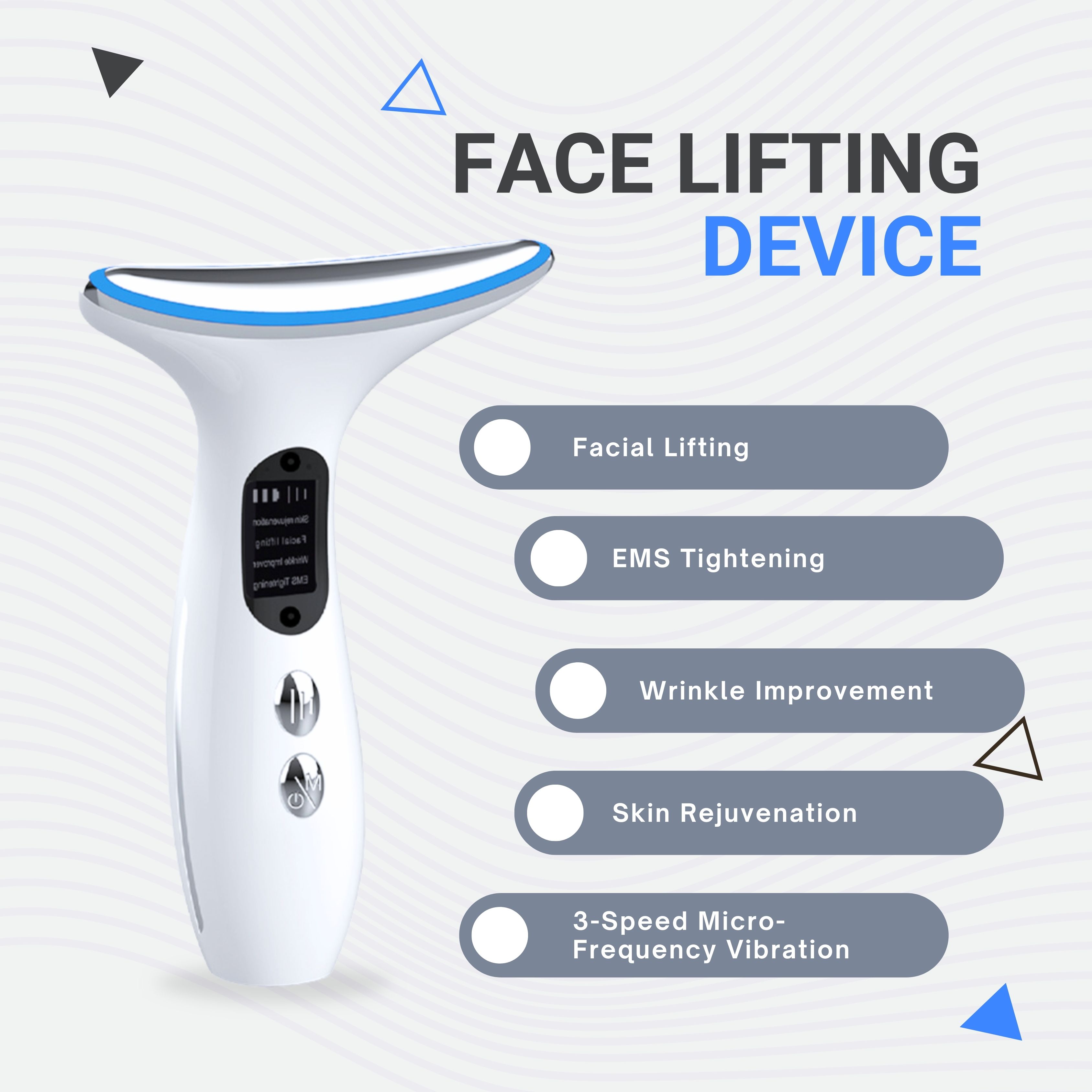 Appareil de lifting facial blanc avec liste des fonctions : Facial Lifting, EMS Tightening, etc.