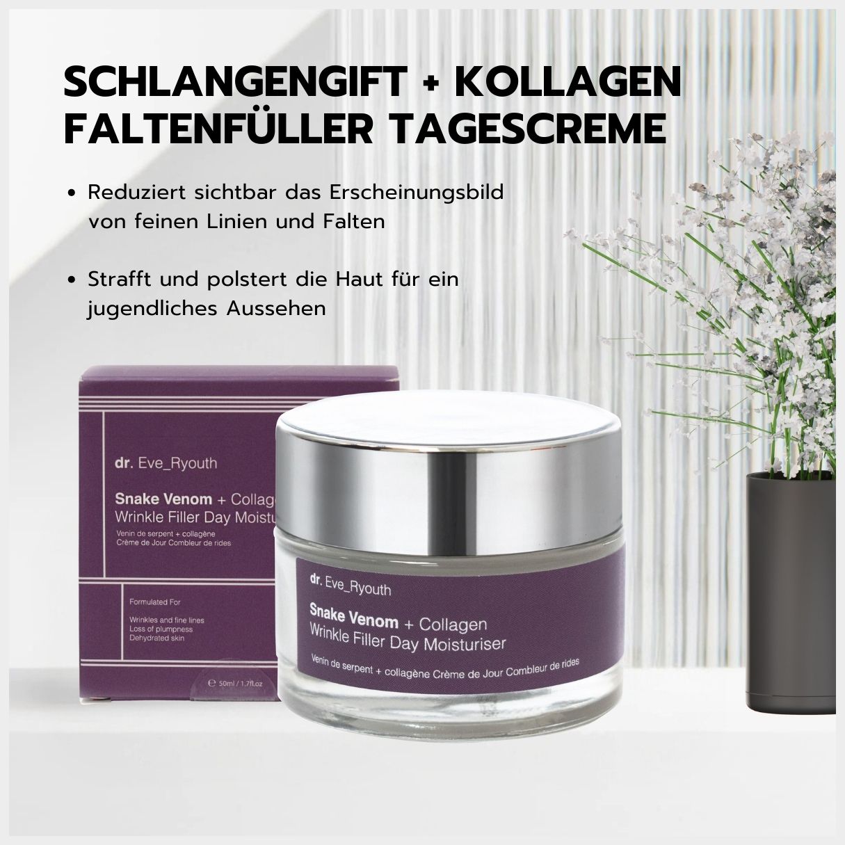Dr. Eve_Ryouth Snake Venom + Collagen rimpelvuller dagcrème met verpakking en productvoordelen.