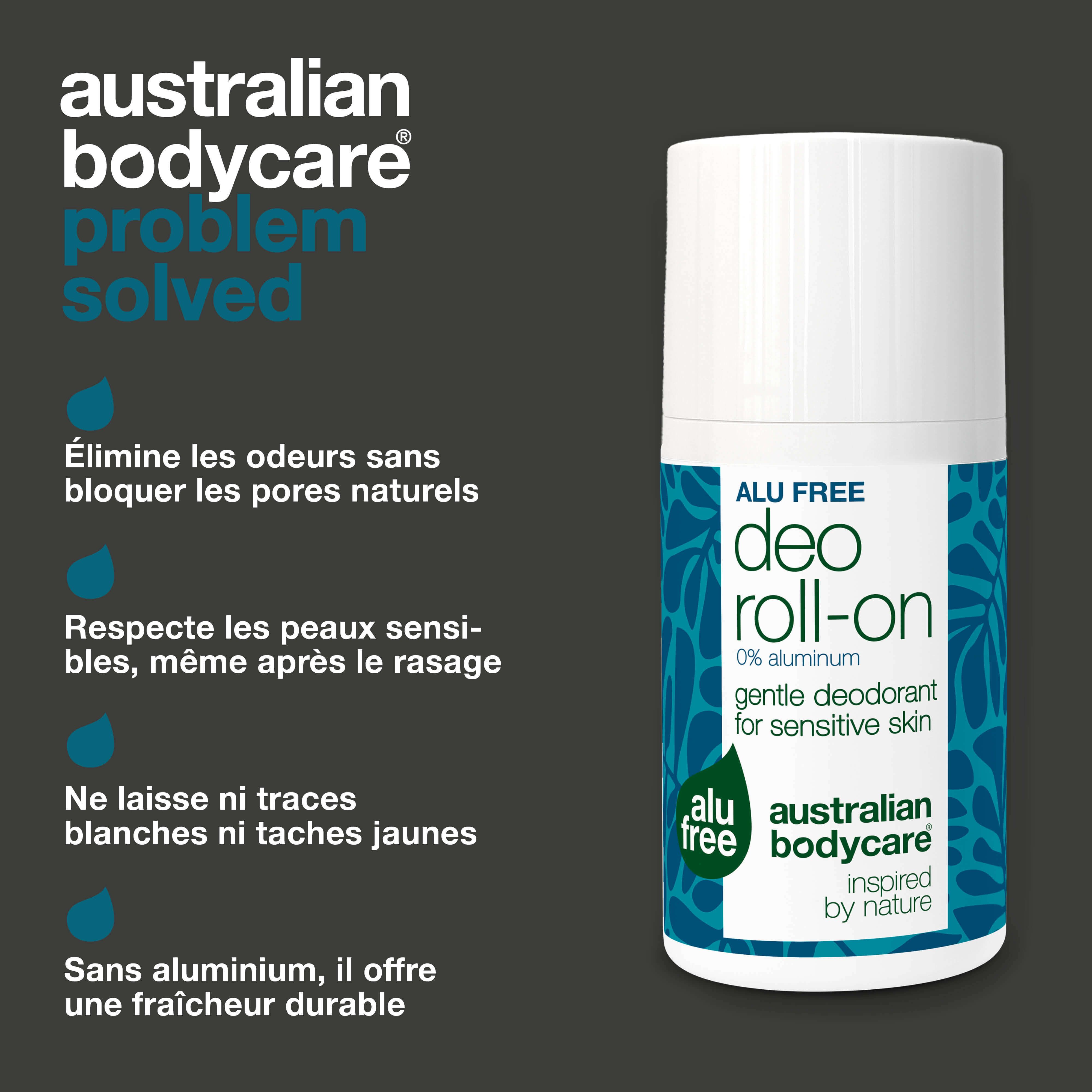Roll-on déodorant avec texte : Élimine les odeurs, respecte les peaux sensibles, pas de traces, sans aluminium. Marque : Australian Bodycare.