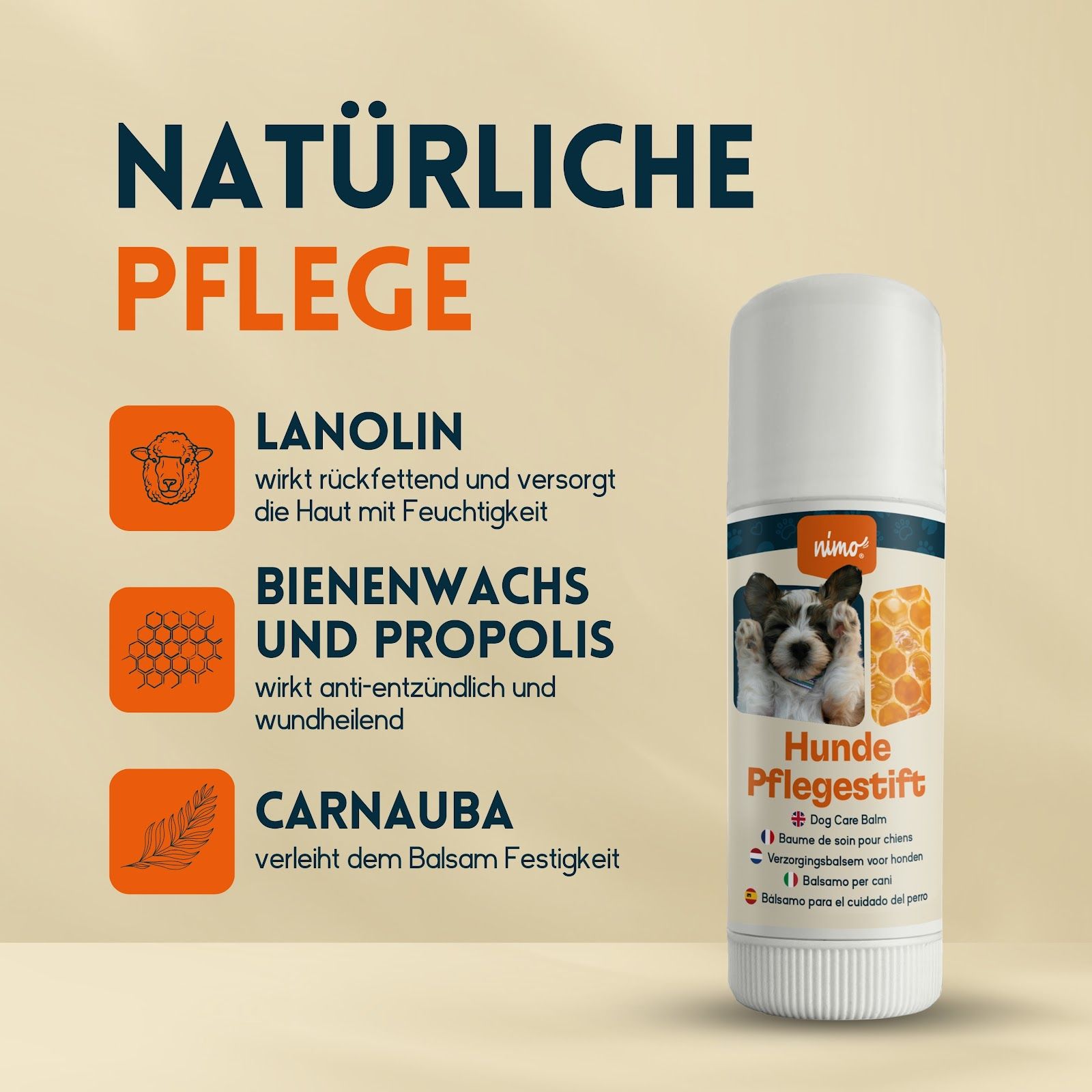 nimo® verzorgingsstick voor honden • met bijenwas & propolis tegen geïrriteerde en droge plekken