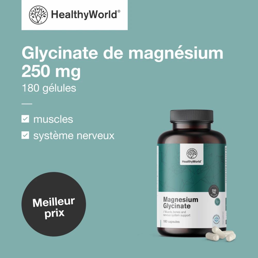 Flacon de Glycinate de magnésium. Inscription: 250 mg, 180 gélules. Marque: HealthyWorld. Texte: Muscles, système nerveux. Meilleur prix.