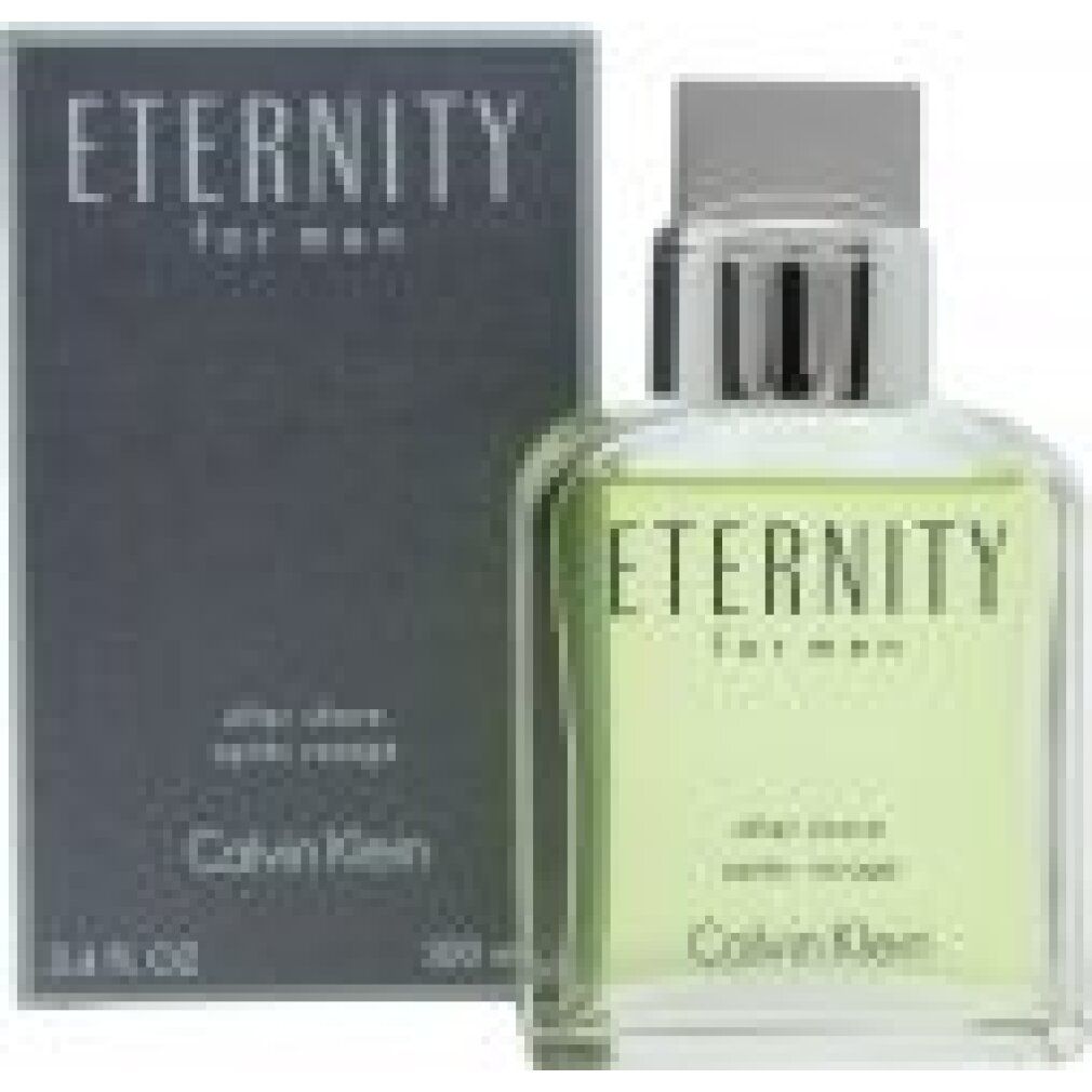 Flacon et boîte d'après-rasage. Inscription: Eternity for men, Calvin Klein. Flacon contenant un liquide vert.