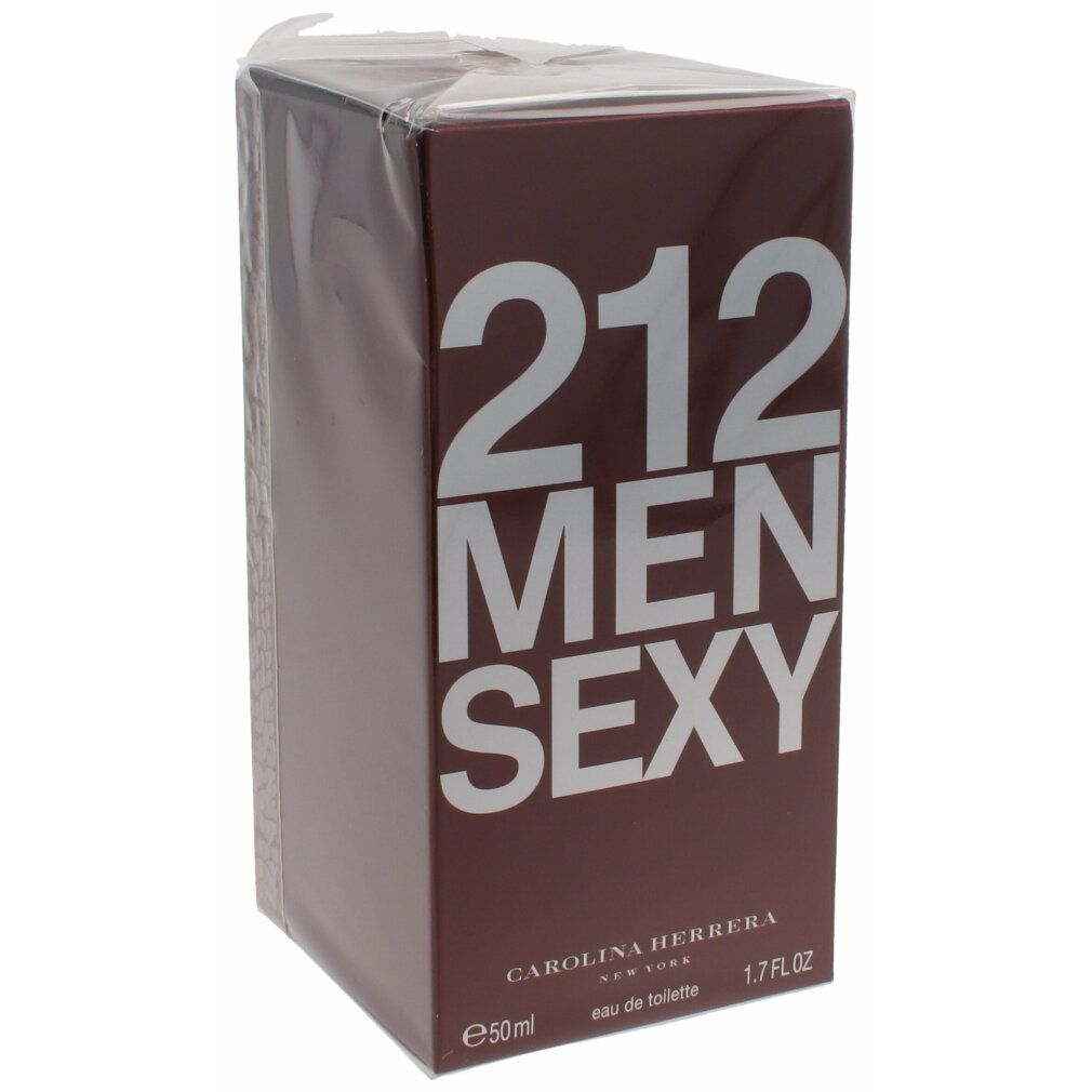 Bruine rechthoekige verpakking met witte tekst: 212 MEN SEXY. Daaronder: CAROLINA HERRERA, e50ml, 1.7 FL OZ. Verpakt in plastic.