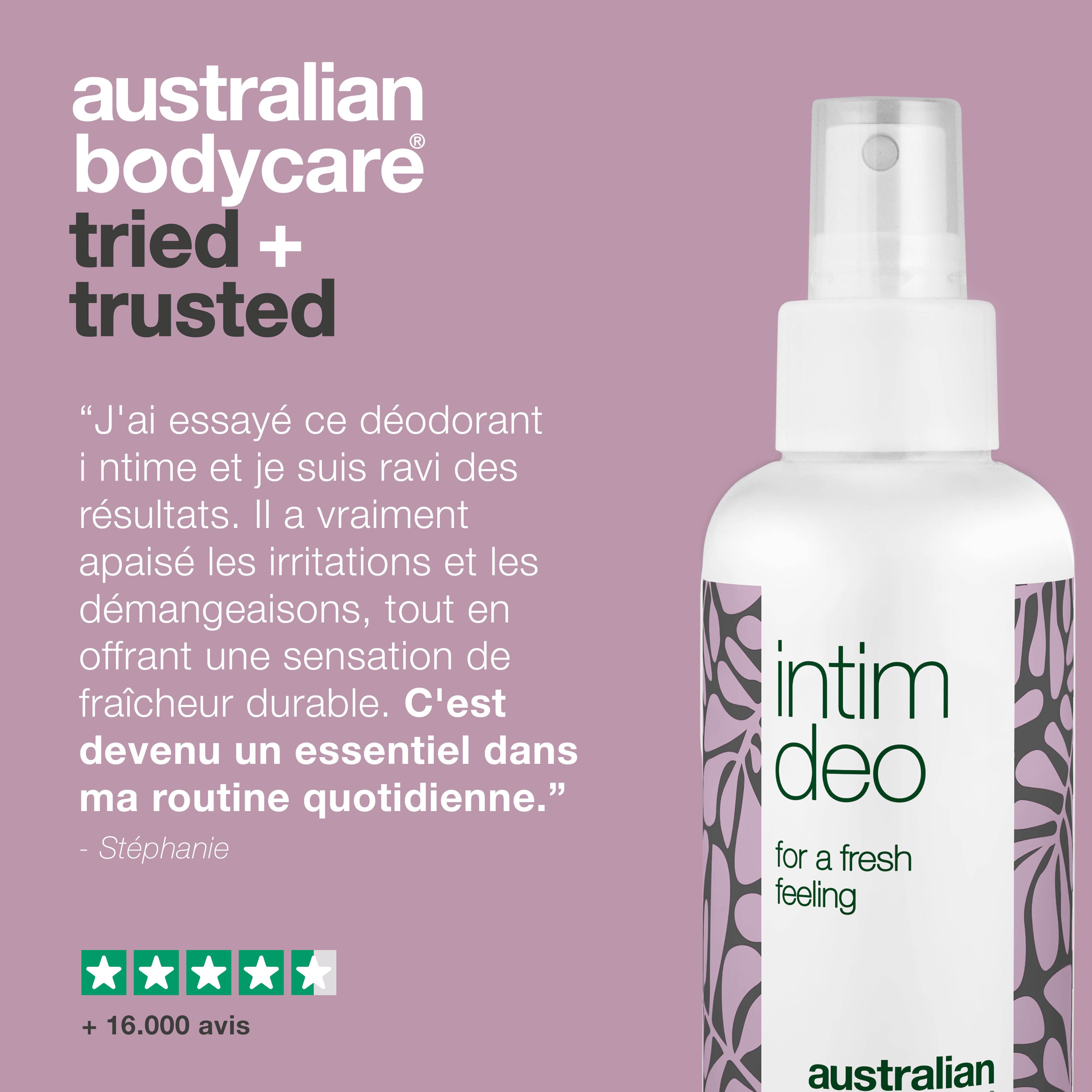 Publicité produit et solution. Spray Intim Deo. Texte : J'ai essayé ce déodorant intime et je suis ravi des résultats.