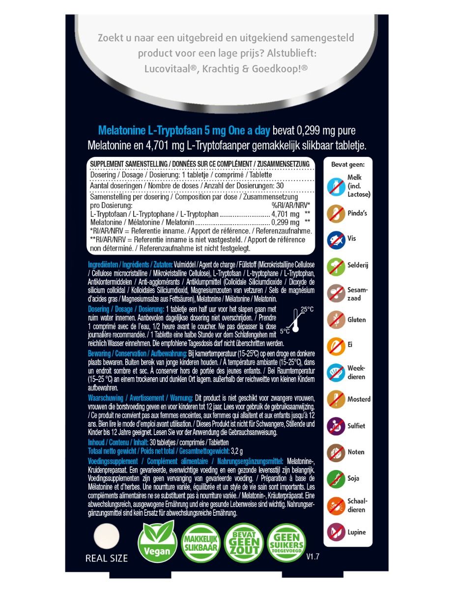 Achterkant van de verpakking van Lucovitaal Melatonine L-Tryptofaan. Bevat informatie over ingrediënten en allergenen.