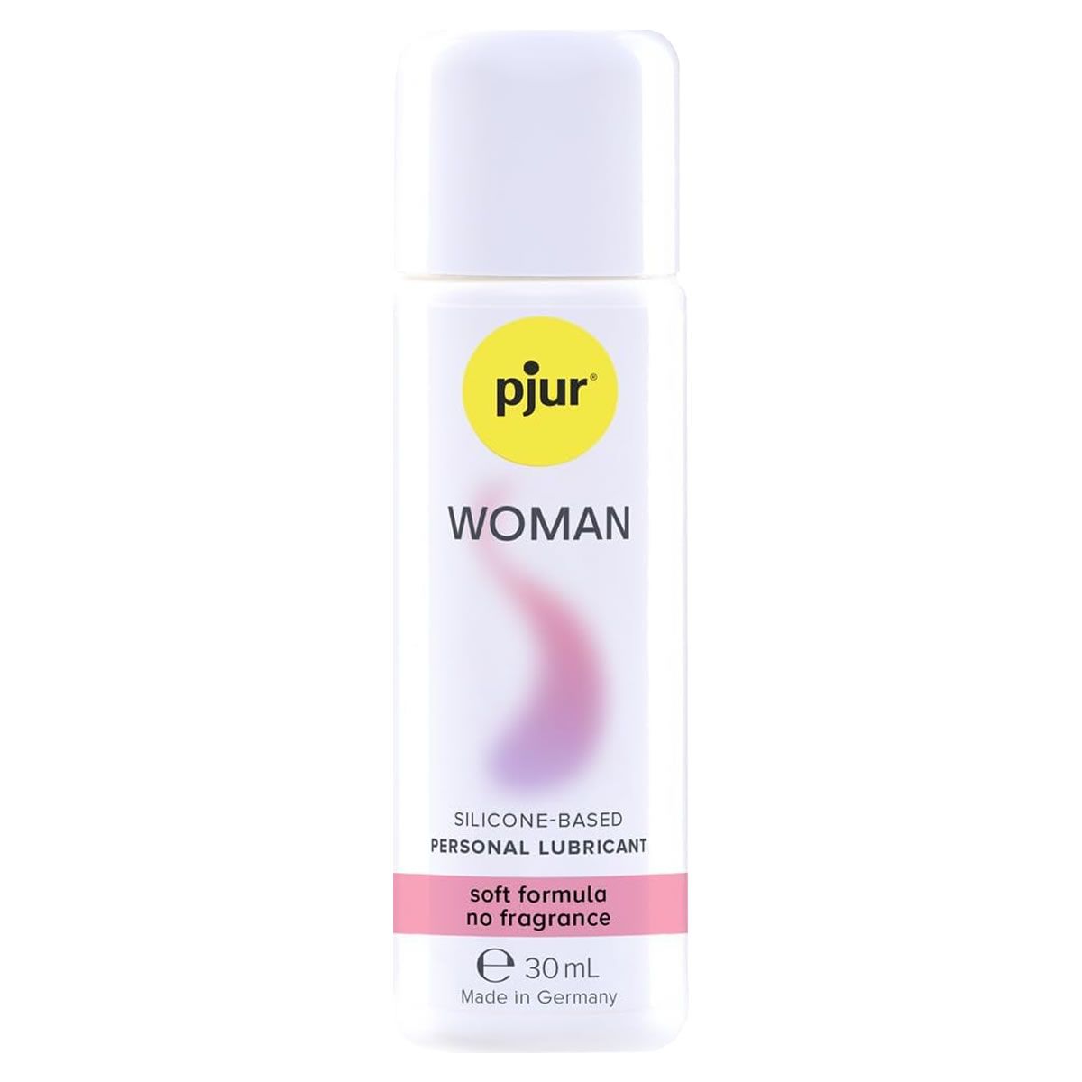 pjur WOMAN, lubrifiant personnel silicone. Flacon blanc, logo jaune. Éléments roses et violets. Texte: soft formula no fragrance, 30 ml.