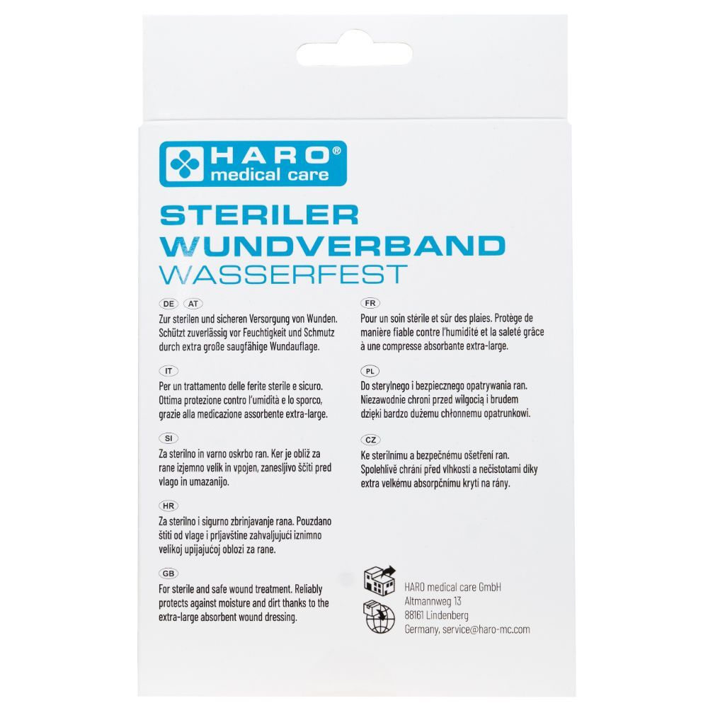 Achterkant van de verpakking met informatie over steriele, waterdichte wondverband. Merk: HARO medical care. Tekst in meerdere talen.