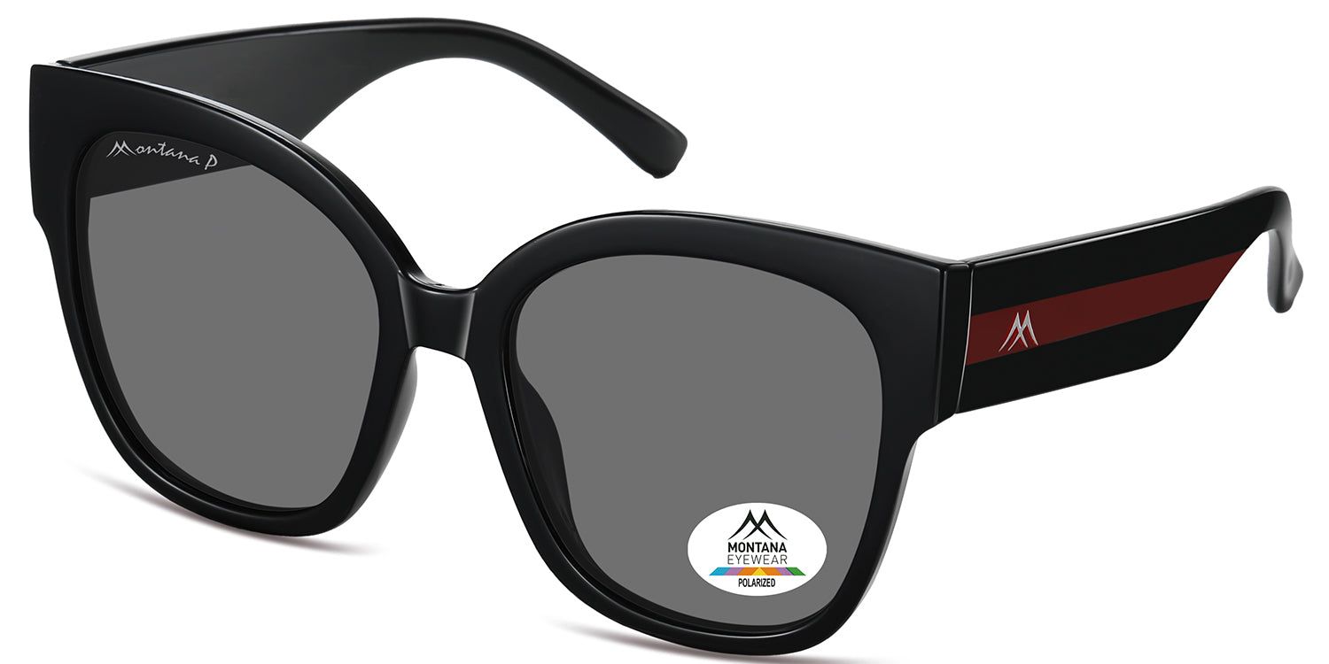 Zwarte zonnebril met grijze glazen. Montana Eyewear logo op de linker poot. Gepolariseerde sticker op het rechter glas.