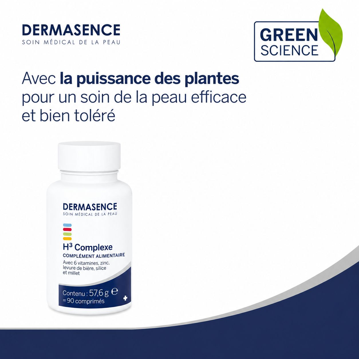 Bouteille blanche Dermasence H³ Complexe complément alimentaire avec 90 comprimés.